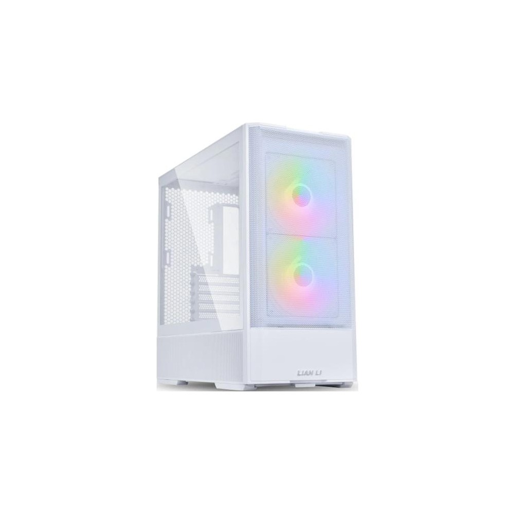Önde iki RGB fanlı, cam yan panelli beyaz bilgisayar kasası.