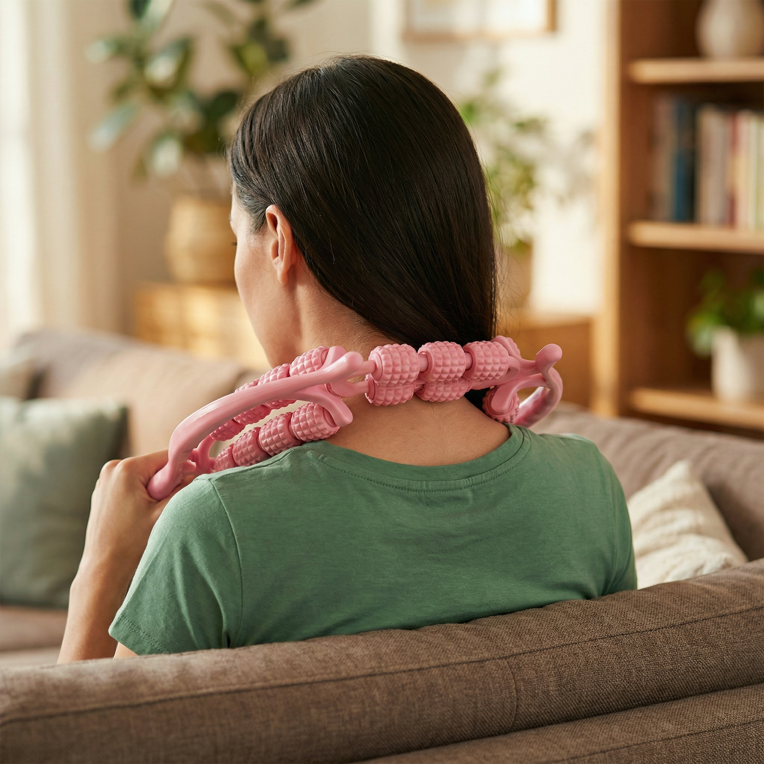 Una mujer se sienta en un sofá usando una herramienta de masaje de cuello rosa.