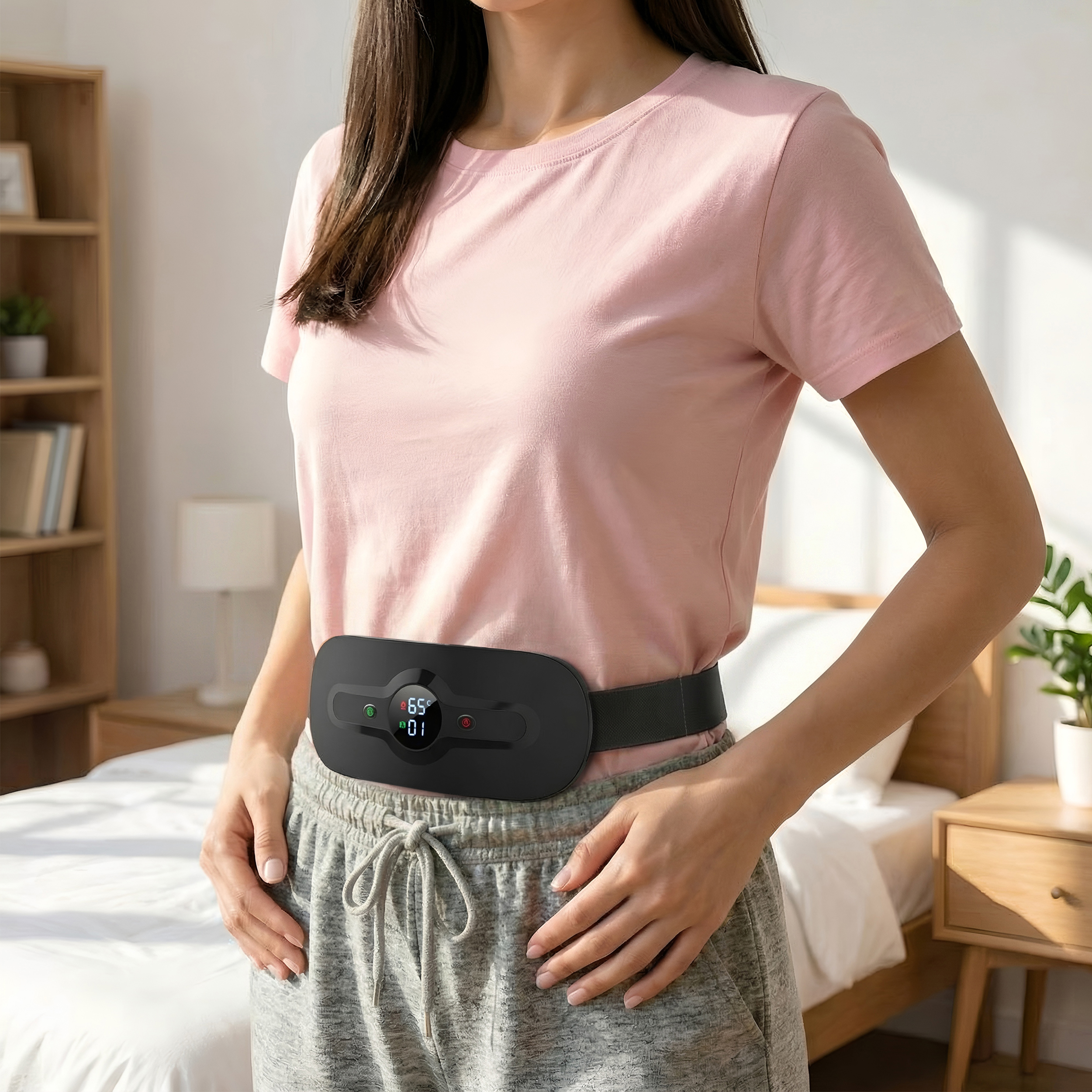 Una mujer con camiseta rosa y pantalones de chándal lleva un cinturón abdominal negro con pantalla digital.