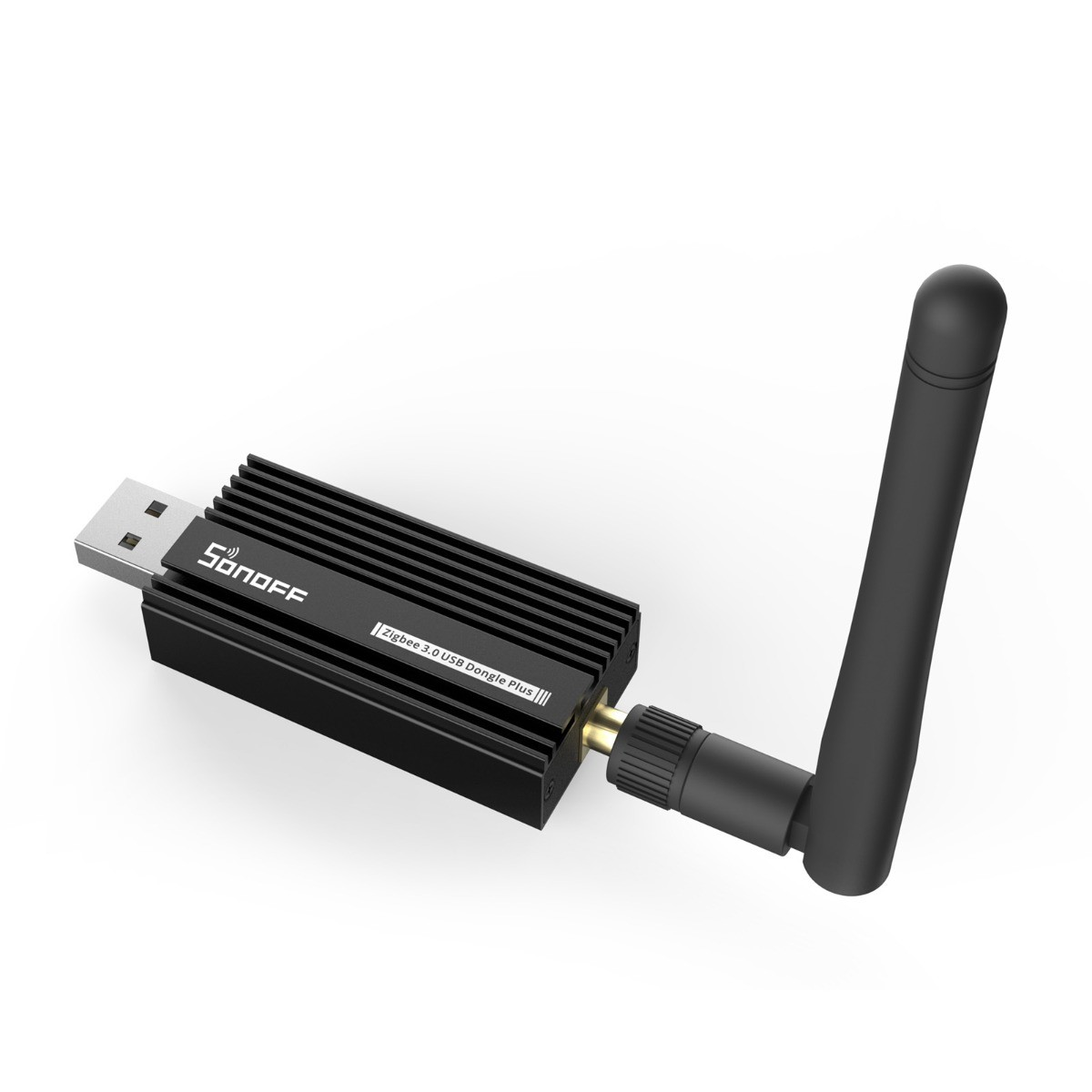 Ein schwarzer USB-Dongle mit Antenne, beschriftet mit Sonoff Zigbee 3.0.