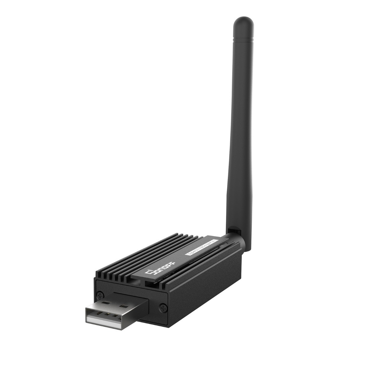 Ein schwarzer USB-Stick mit Antenne, der für drahtlose Verbindungen gedacht ist.