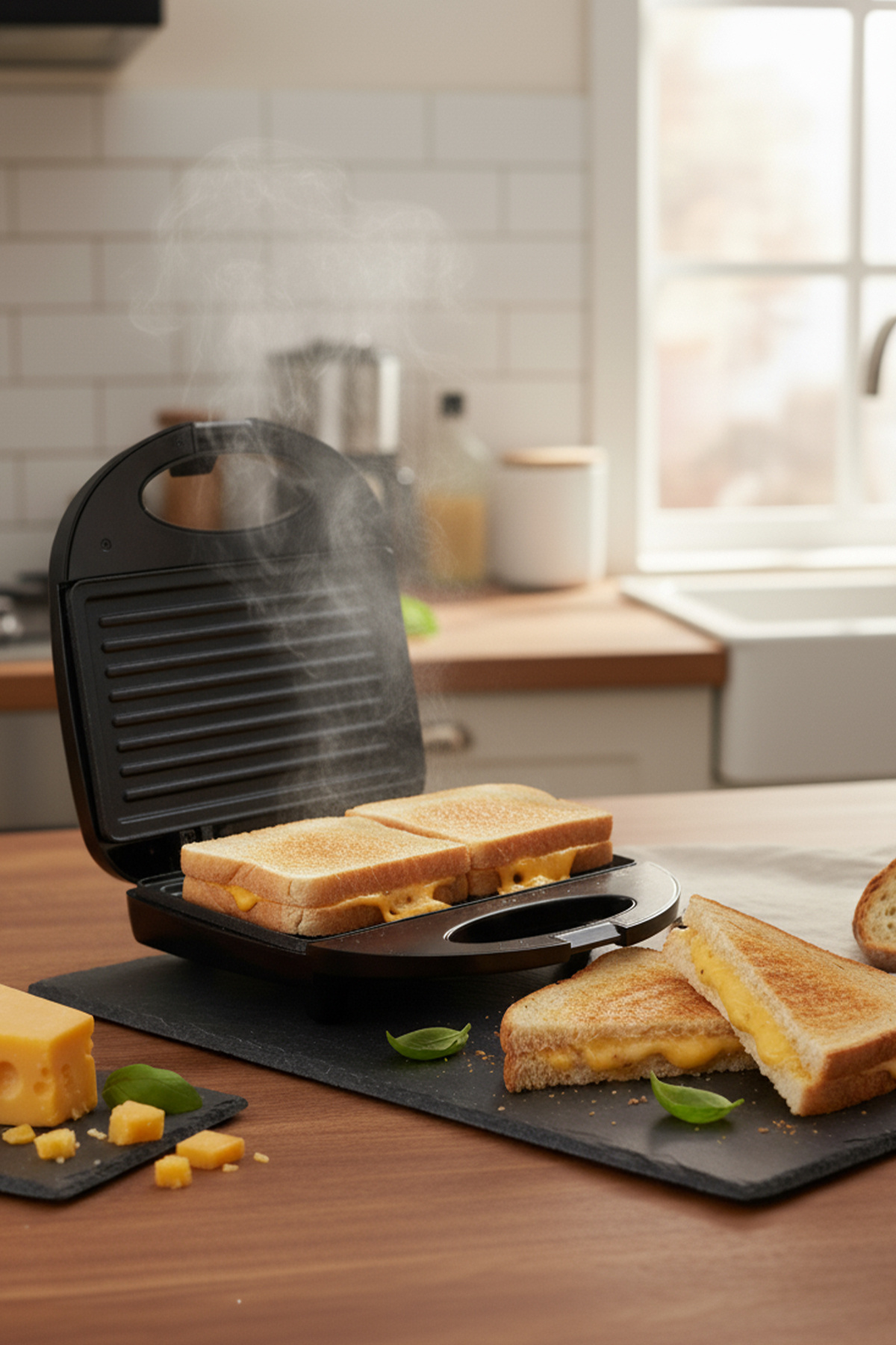 Açık bir tost makinesinde buğulanan peynirli tostlar ve yanında peynir küpleri.