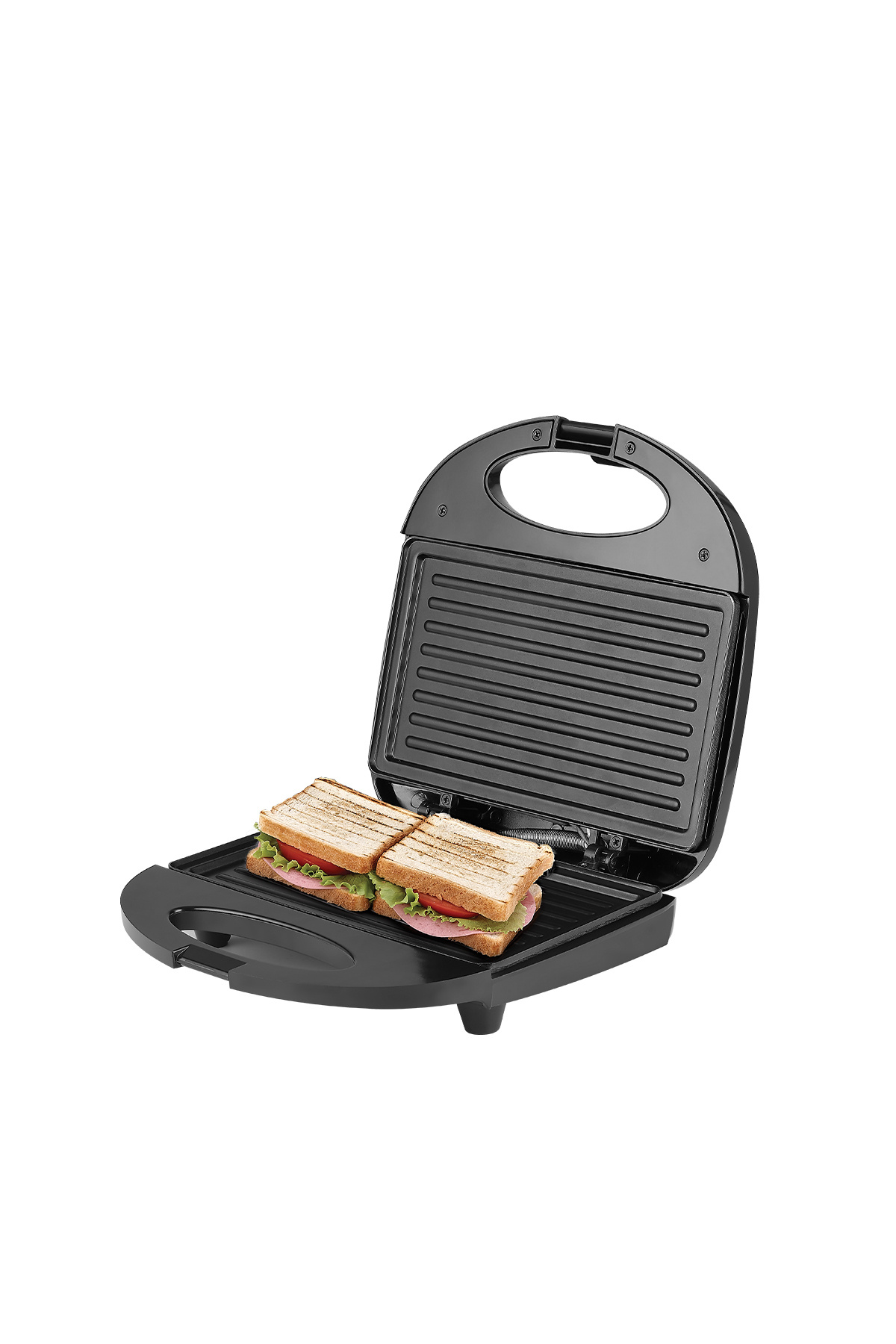 Açık siyah tost makinesinde iki sandviç ızgara plakasında.