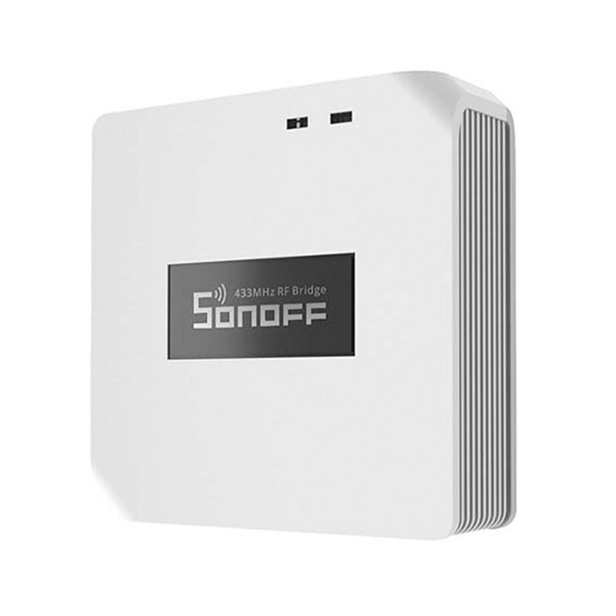 Biały Sonoff 433MHz RF Bridge z czarnym ekranem wyświetlającym logo.