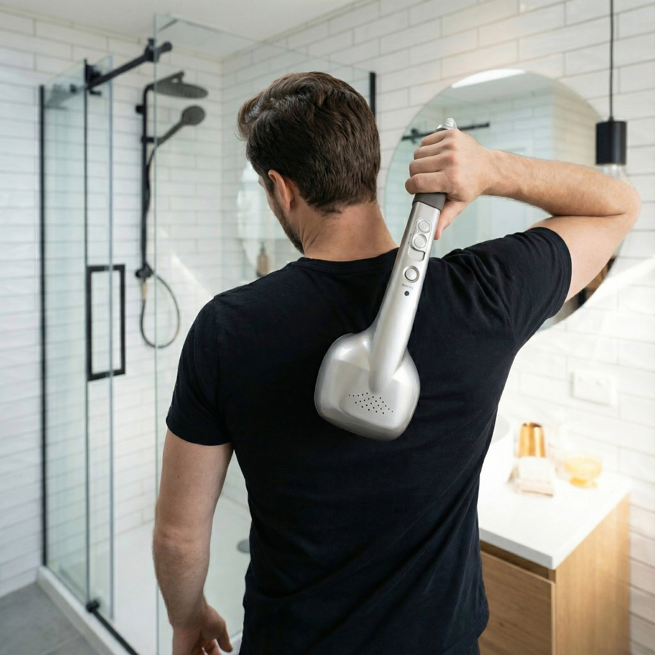 Hombre masajea su espalda con un masajeador plateado en un baño moderno.