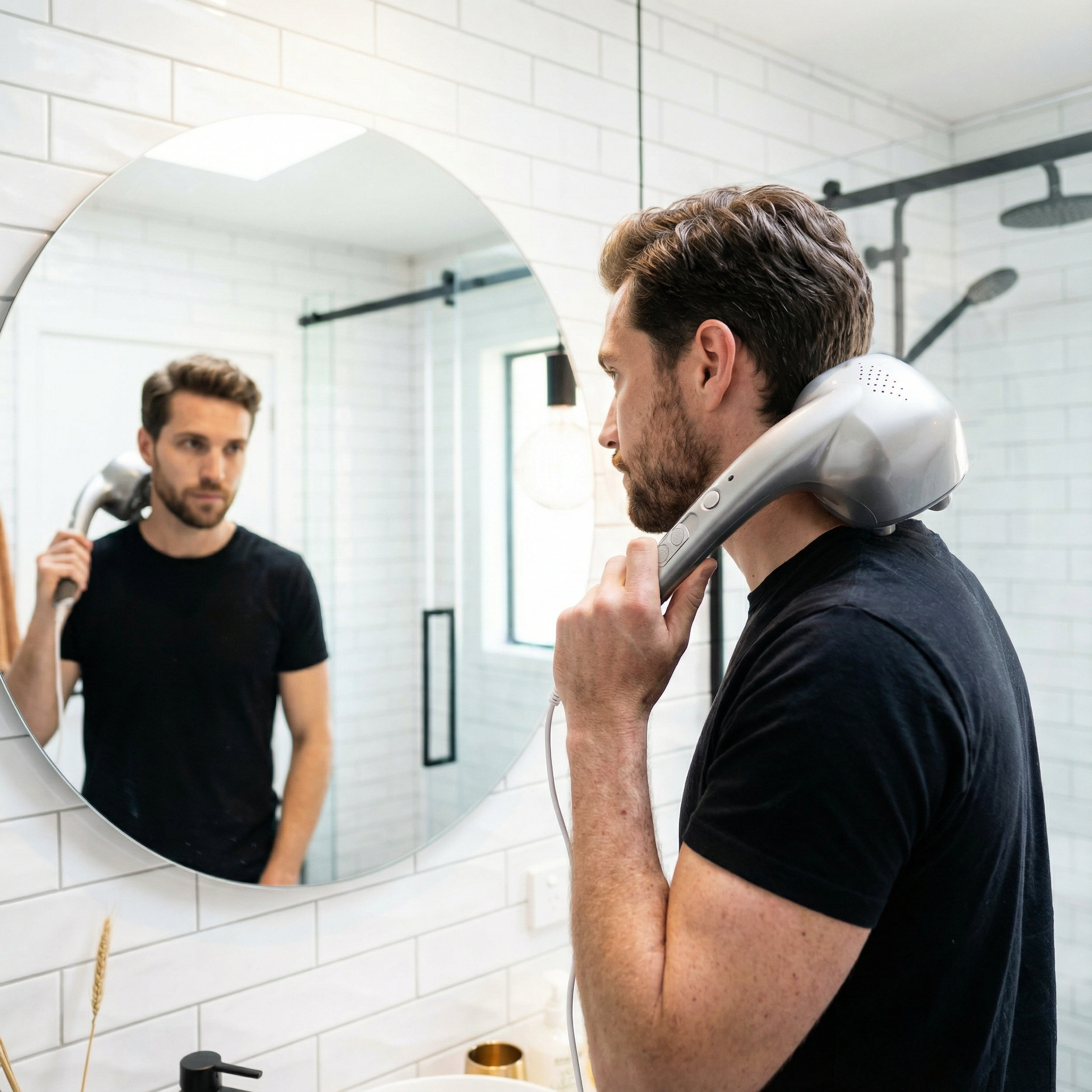 Hombre usa masajeador en el cuello frente a un espejo de baño.