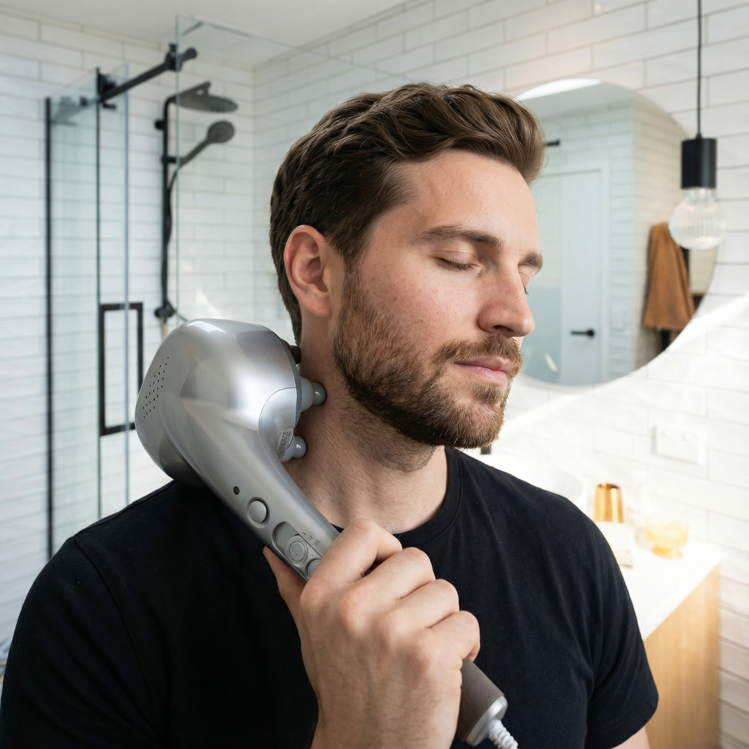 Hombre usando un masajeador de cuello plateado en un baño moderno con azulejos blancos.
