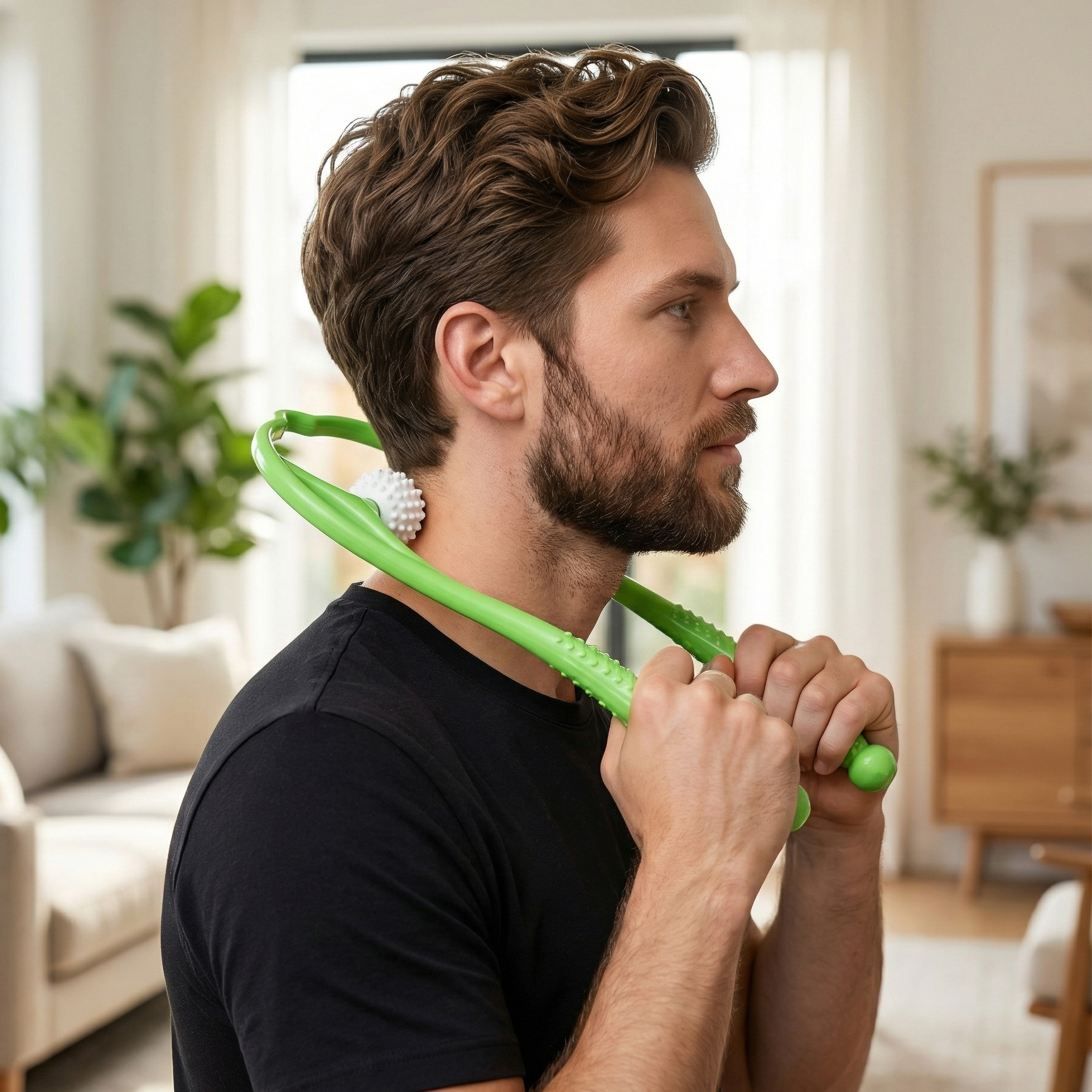 Hombre con barba usa masajeador verde para cuello y hombros.