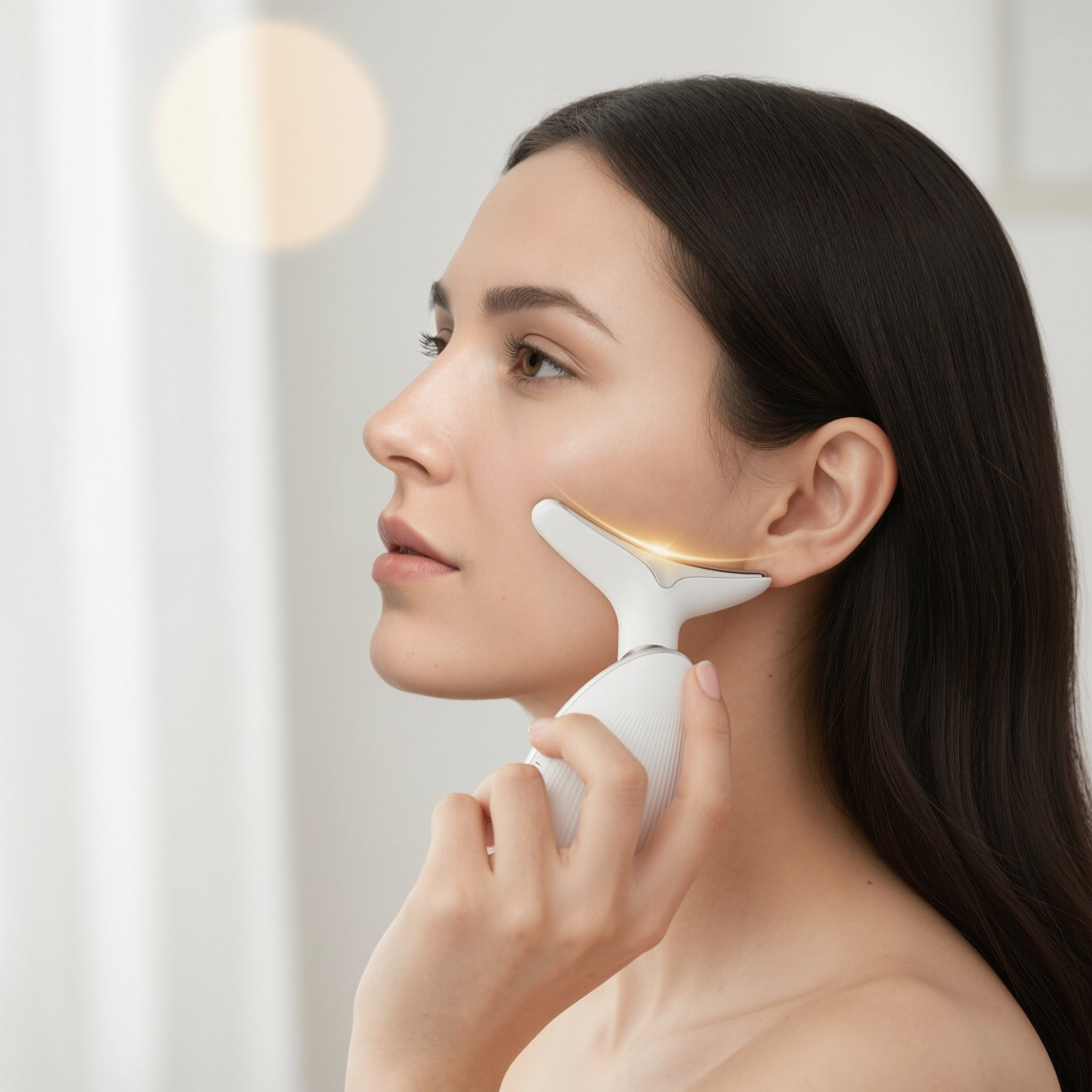 Una mujer usa un dispositivo blanco de tonificación facial en su mejilla.