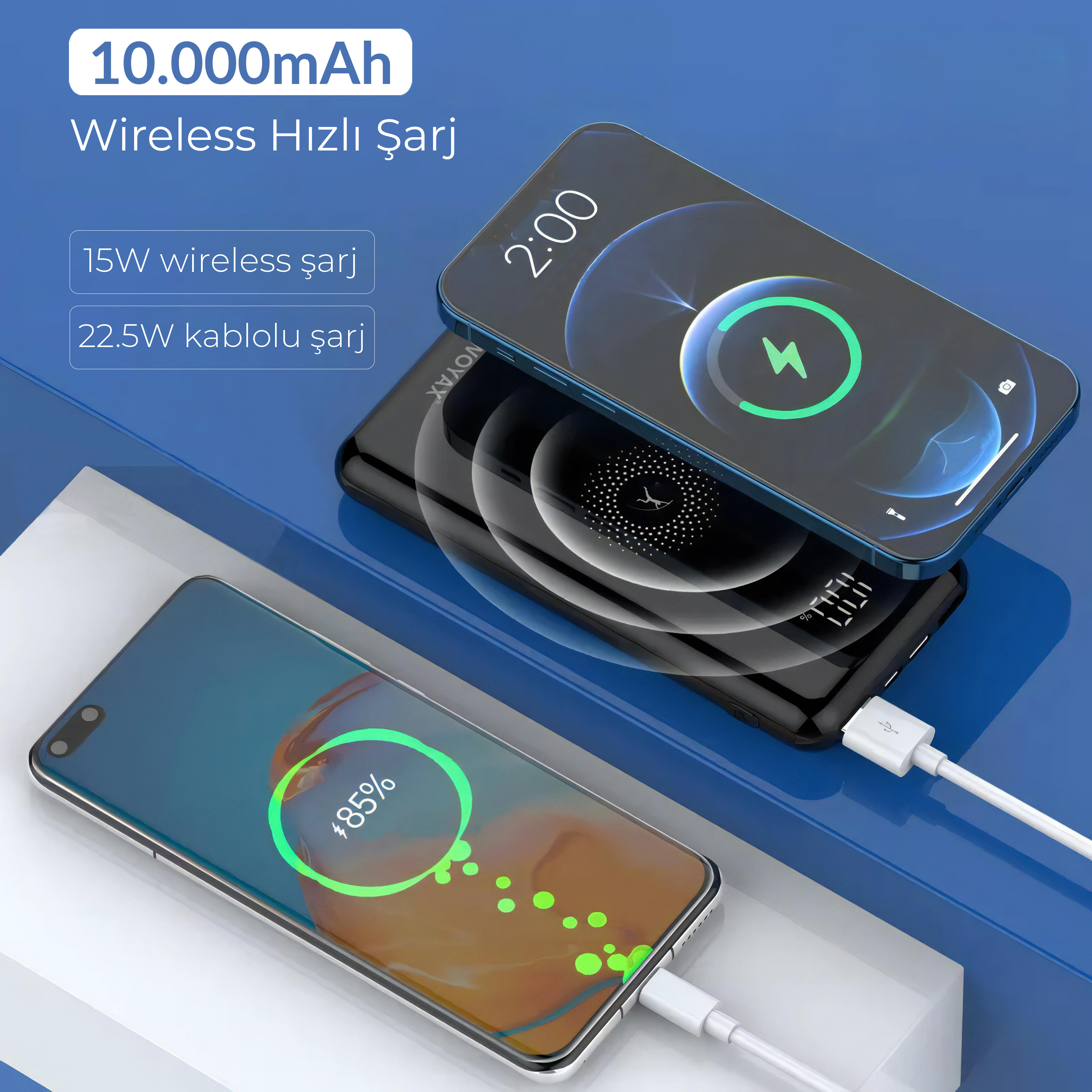 İki akıllı telefon şarj oluyor: biri kablosuz, diğeri kablolu. 10.000mAh.