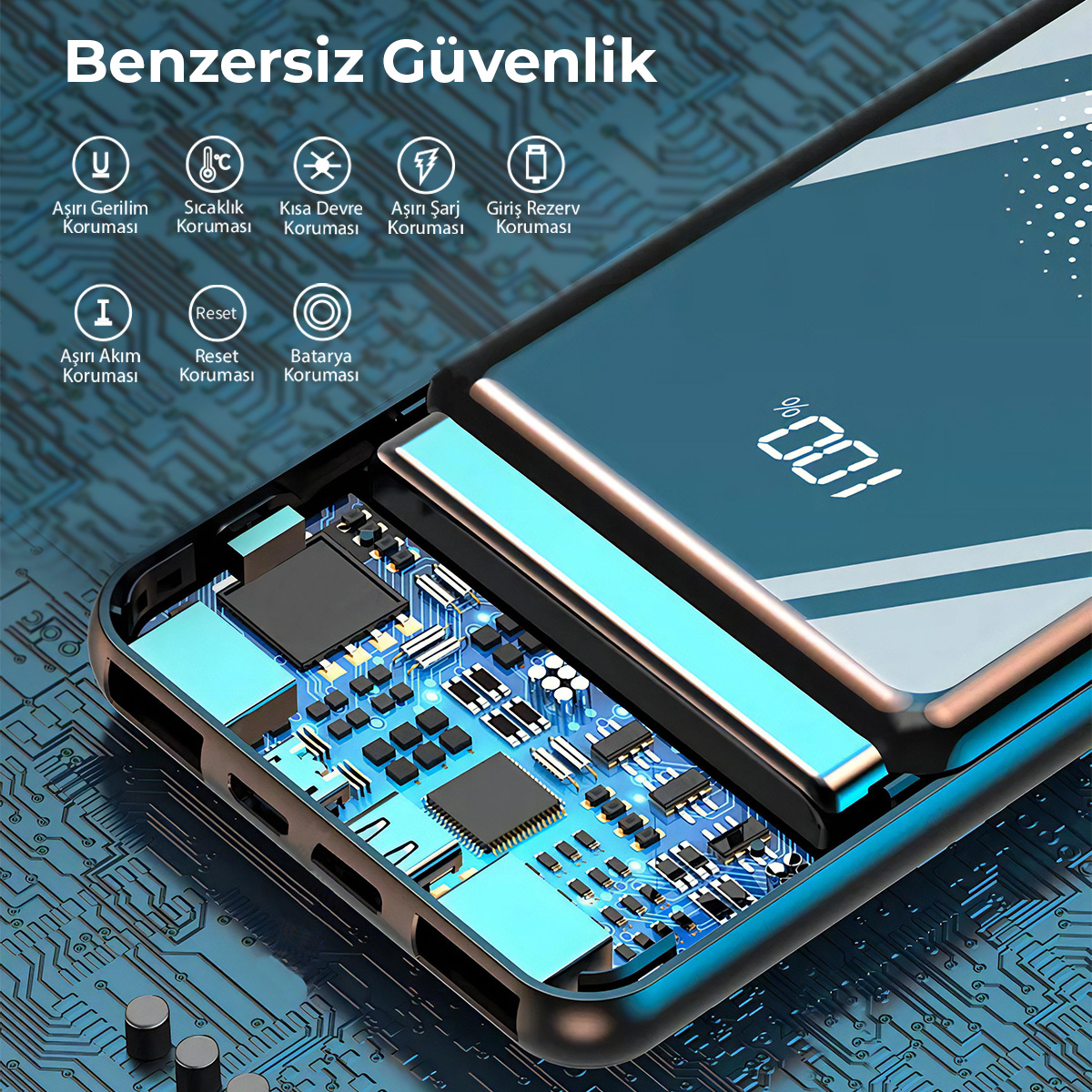 Görünür devre kartı ve koruma simgeleri olan mavi cihaz. %100 ekran.