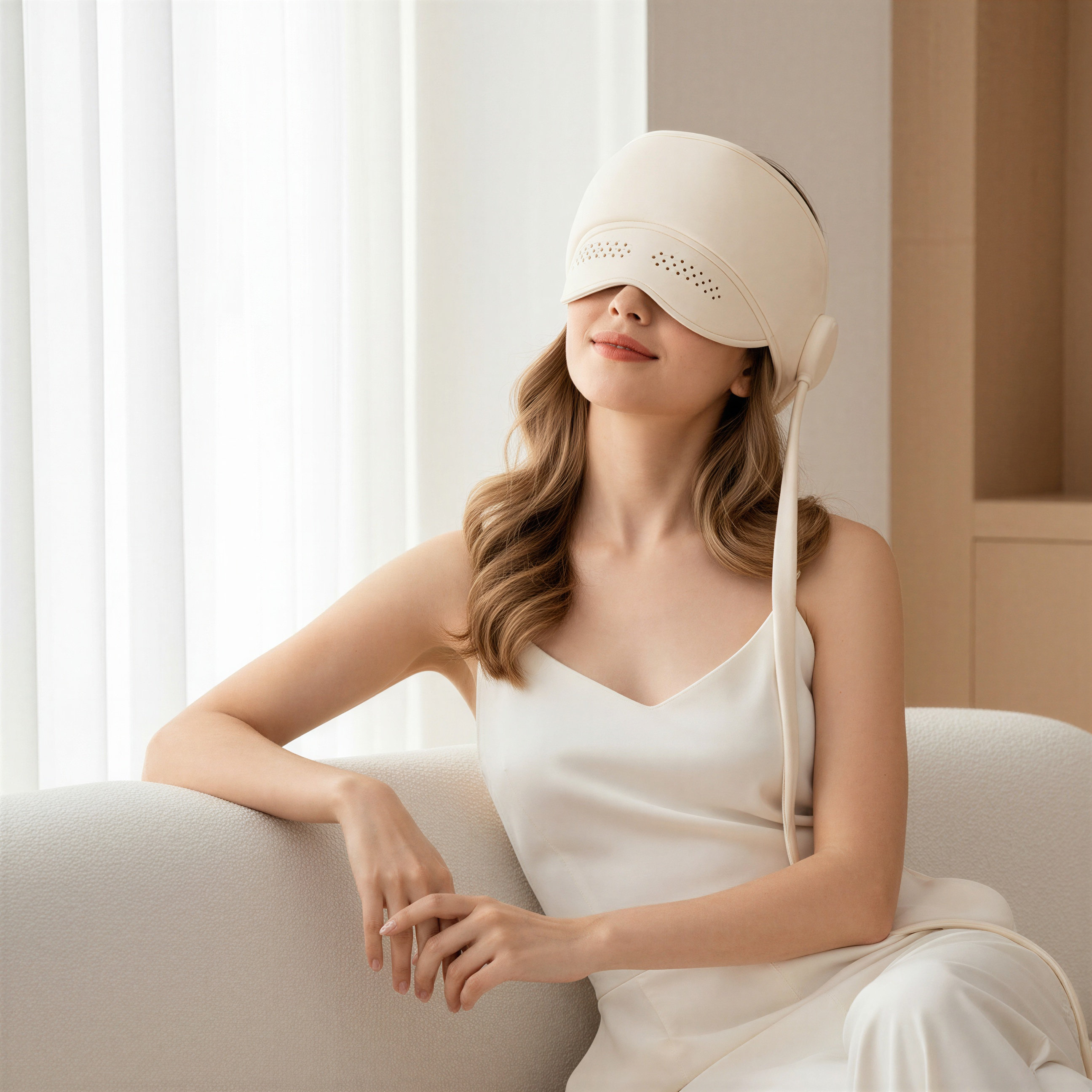 Una mujer con un dispositivo blanco en la cabeza se sienta en un sofá.