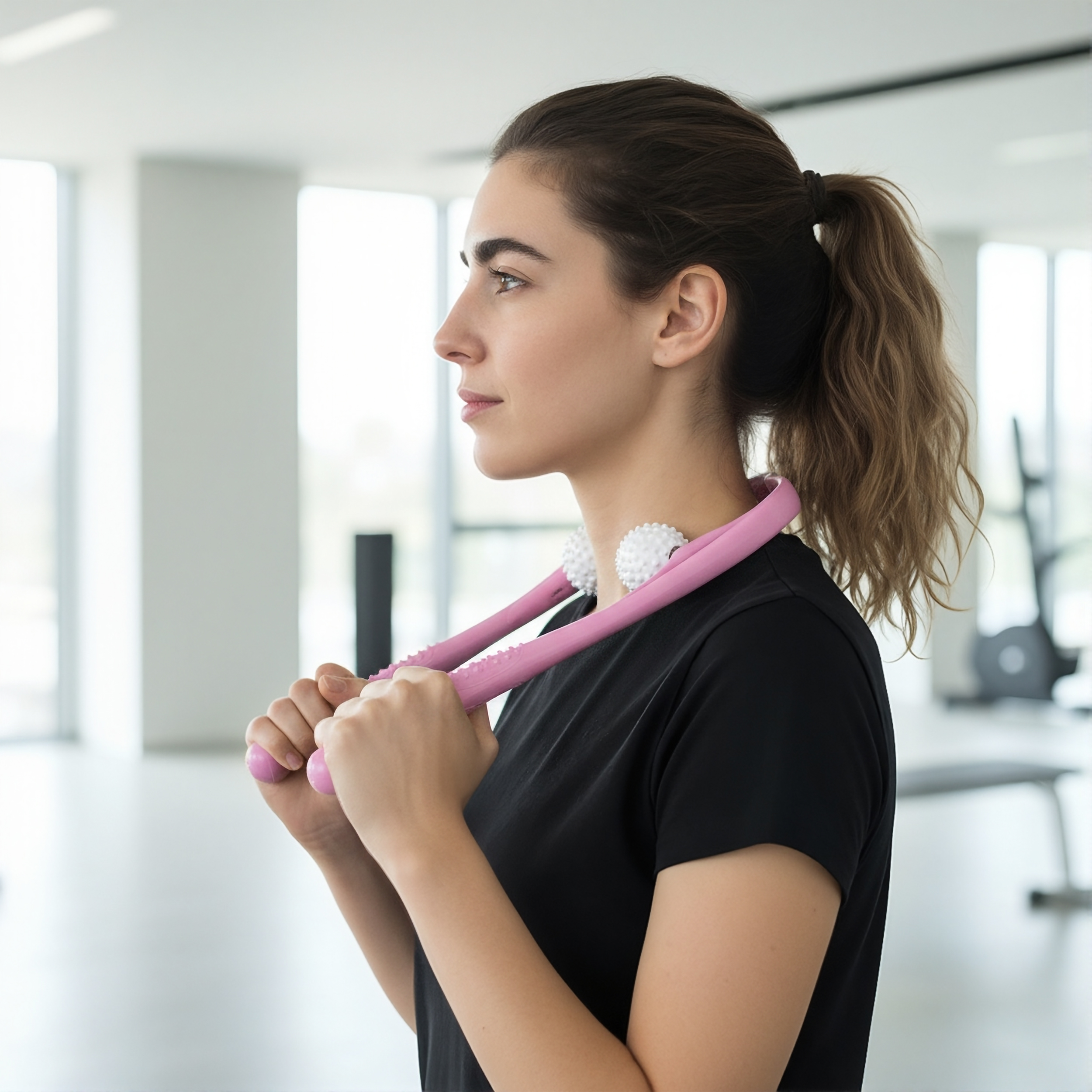 Una mujer con un rodillo de masaje rosa en un gimnasio.