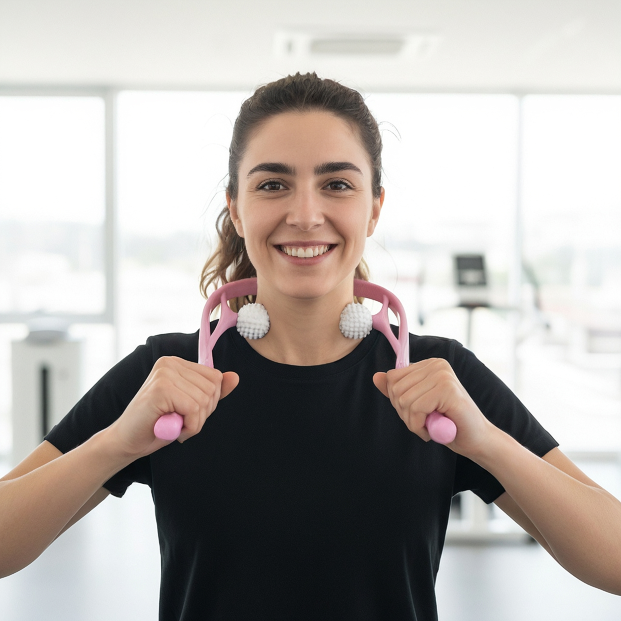 Mujer sonríe sosteniendo un masajeador de cuello rosa.