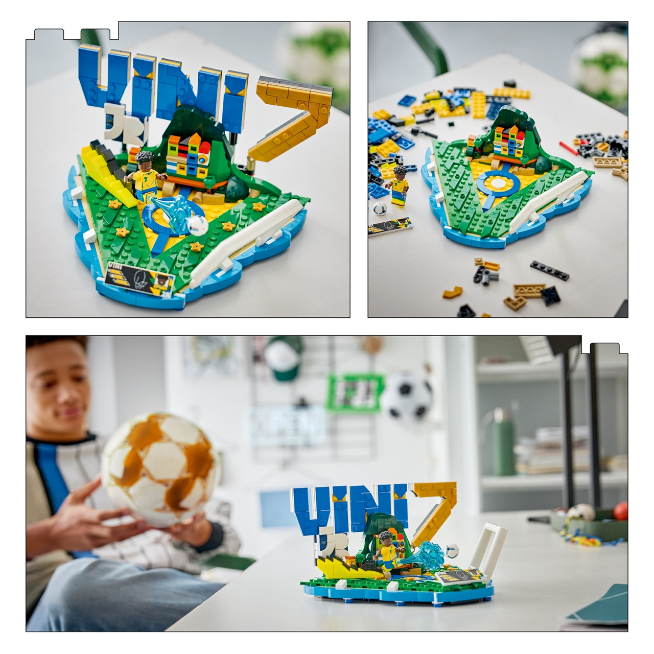 Zestaw piłkarski Lego z miniaturową wyspą, figurką gracza i napisem 'VINI JR'.