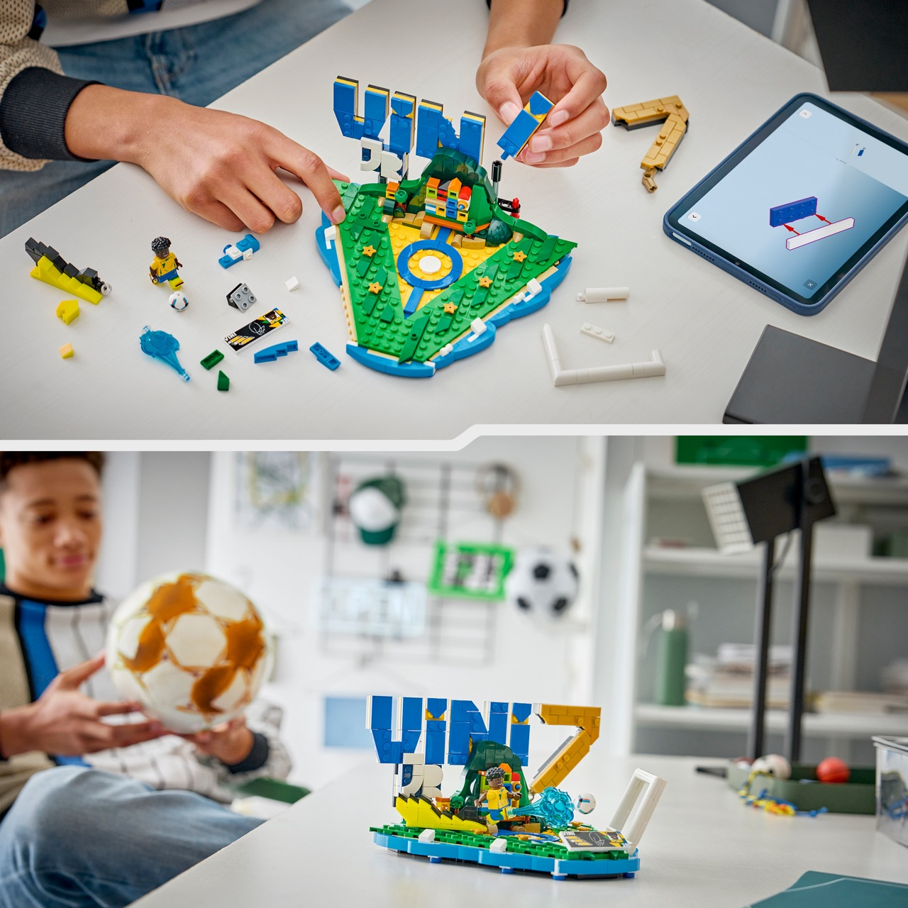 Chłopiec buduje stadion piłkarski Lego, obok tablet z instrukcją. Poniżej chłopiec trzyma piłkę.