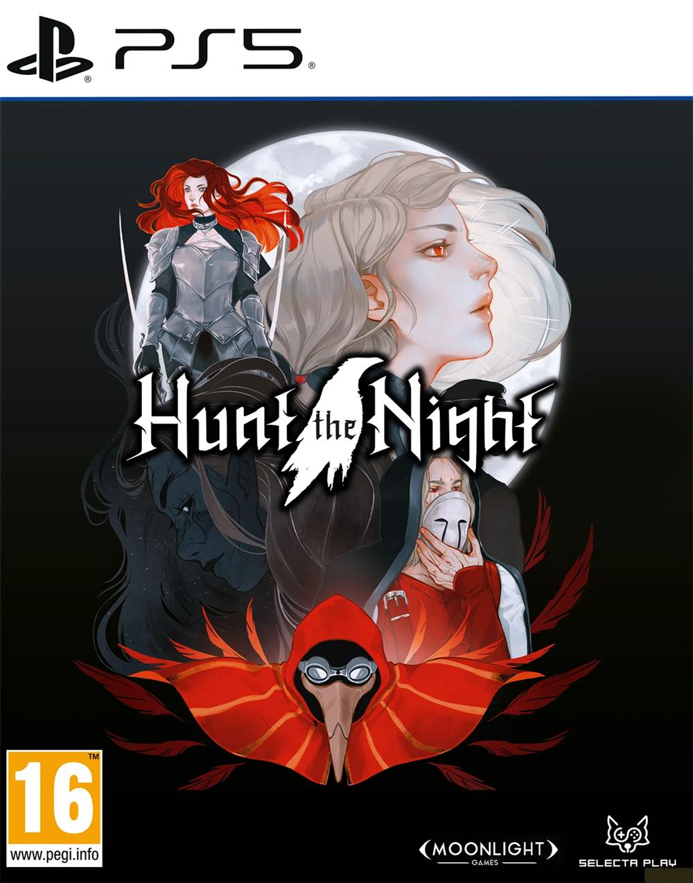Copertina del gioco: logo PS5, titolo Hunt the Night, donne, luna e classificazione PEGI 16.