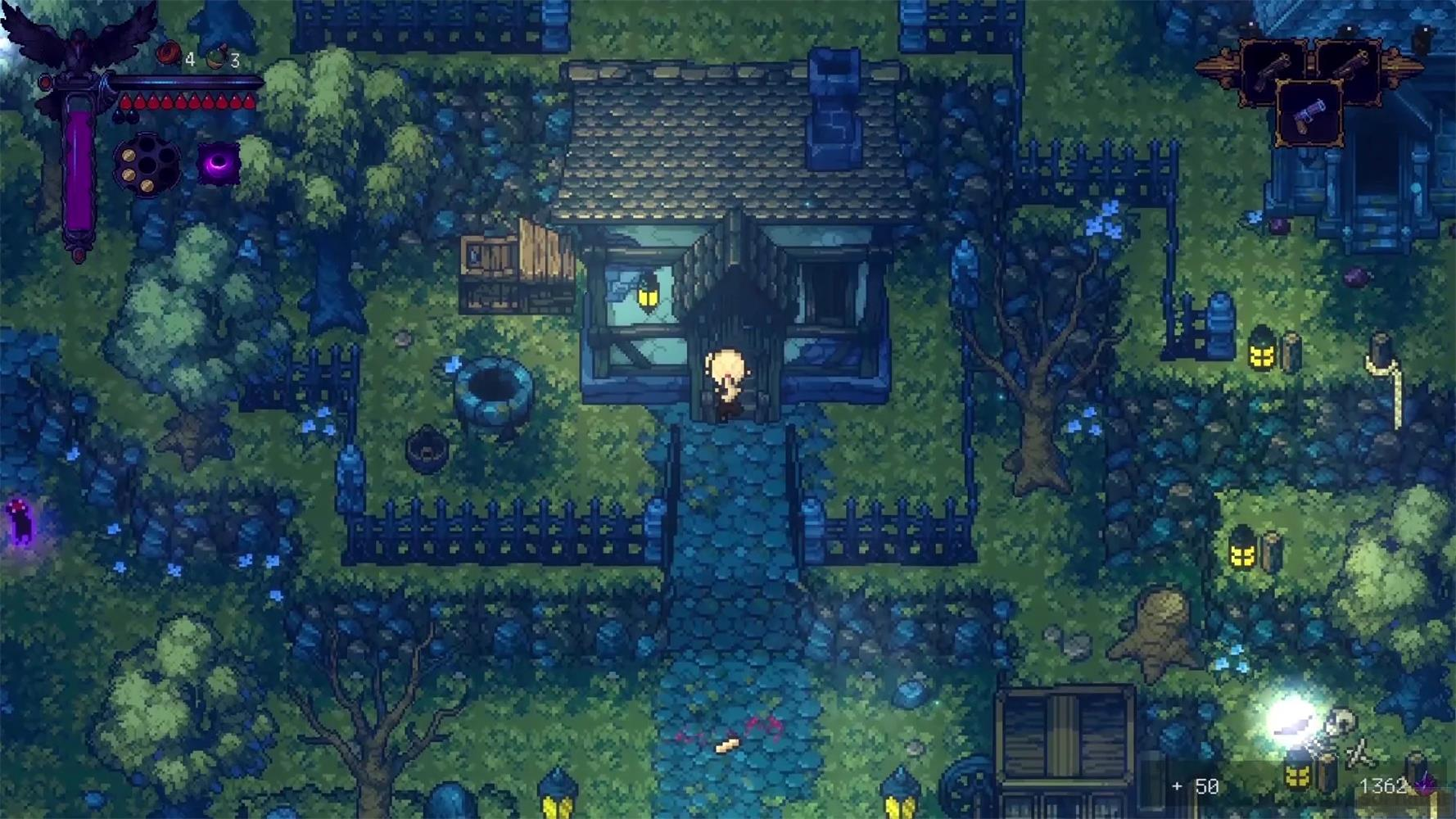 Scena pixel art: personaggio davanti a una casa, circondato da alberi, recinzioni e lanterne.