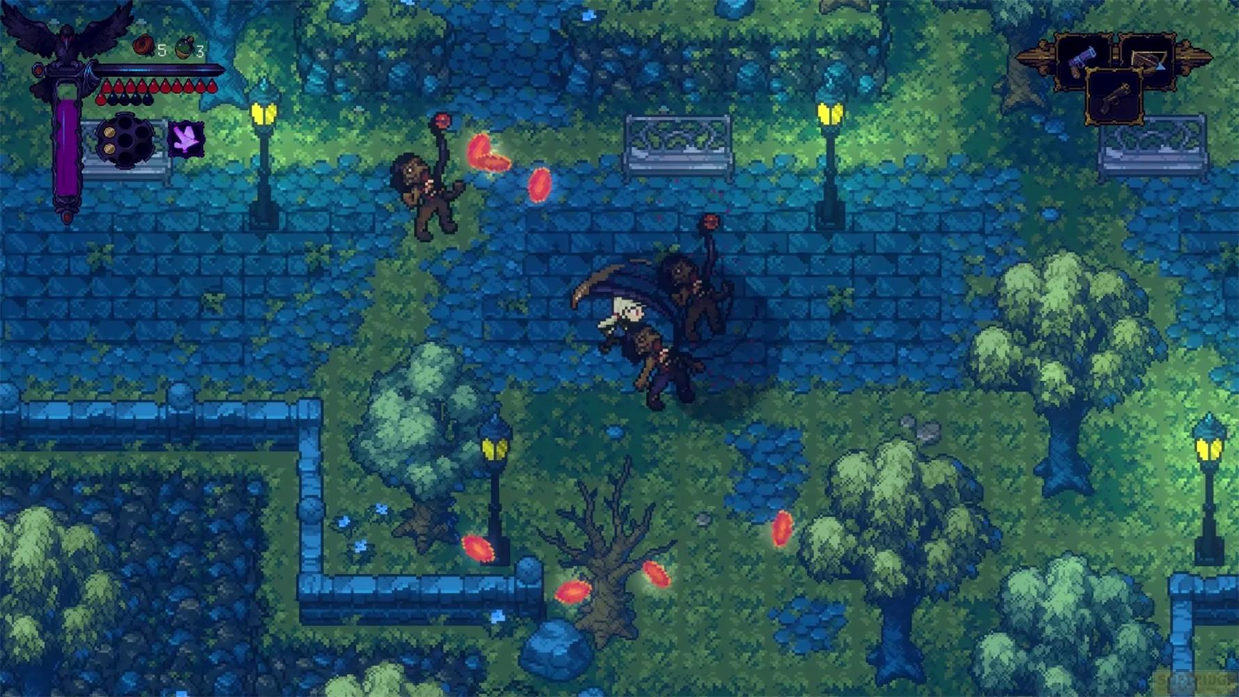 Scena pixel art con personaggi in un parco di notte. Luci e oggetti rossi.