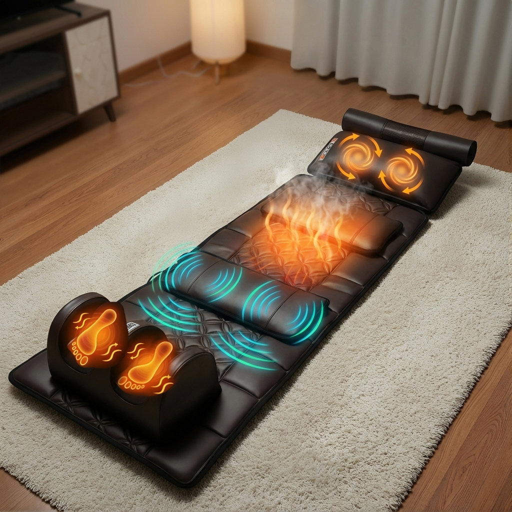 Una alfombra de masaje marrón con funciones de calor y vibración está sobre una alfombra.