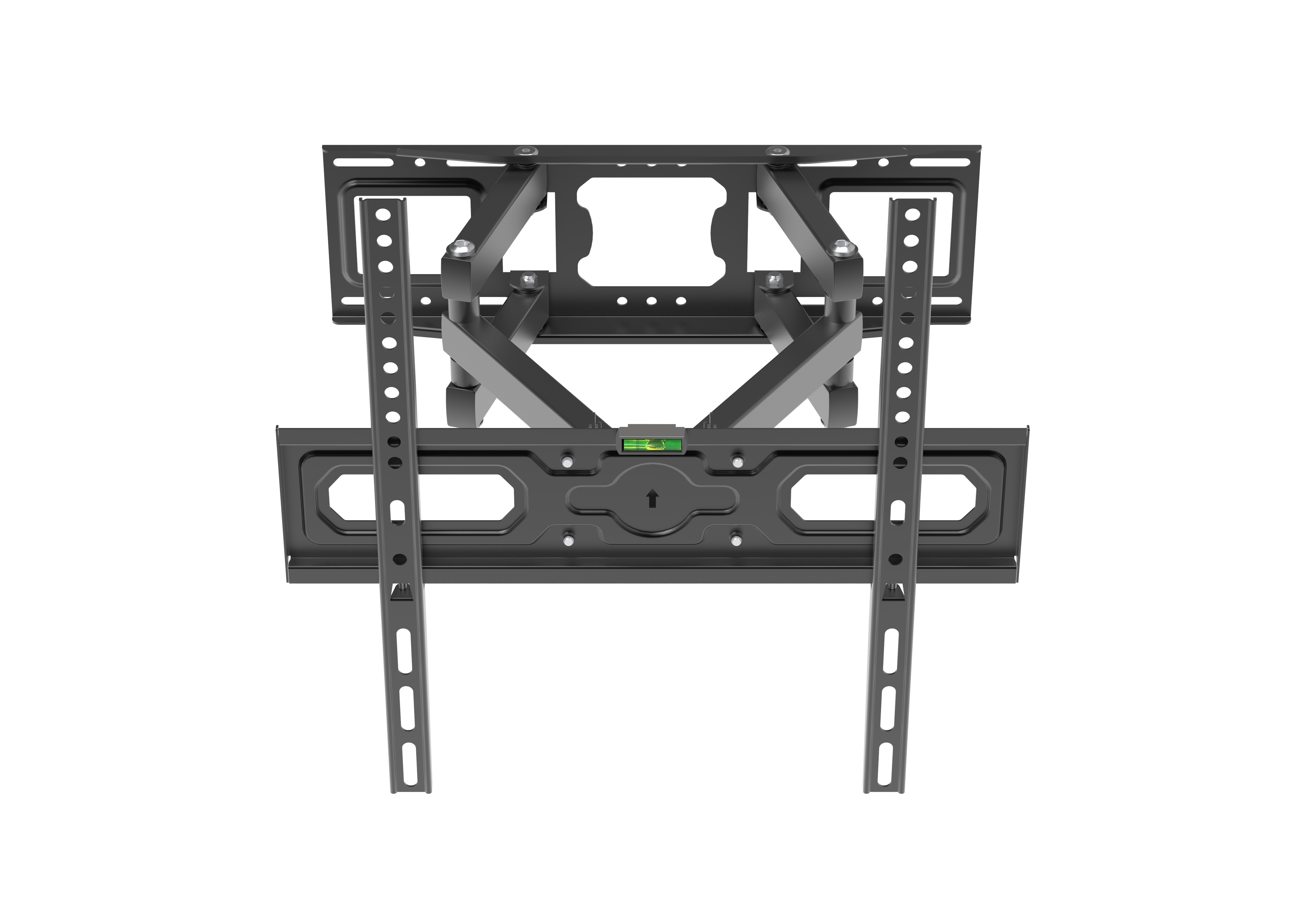Un soporte de TV negro ajustable con nivel y rieles VESA.