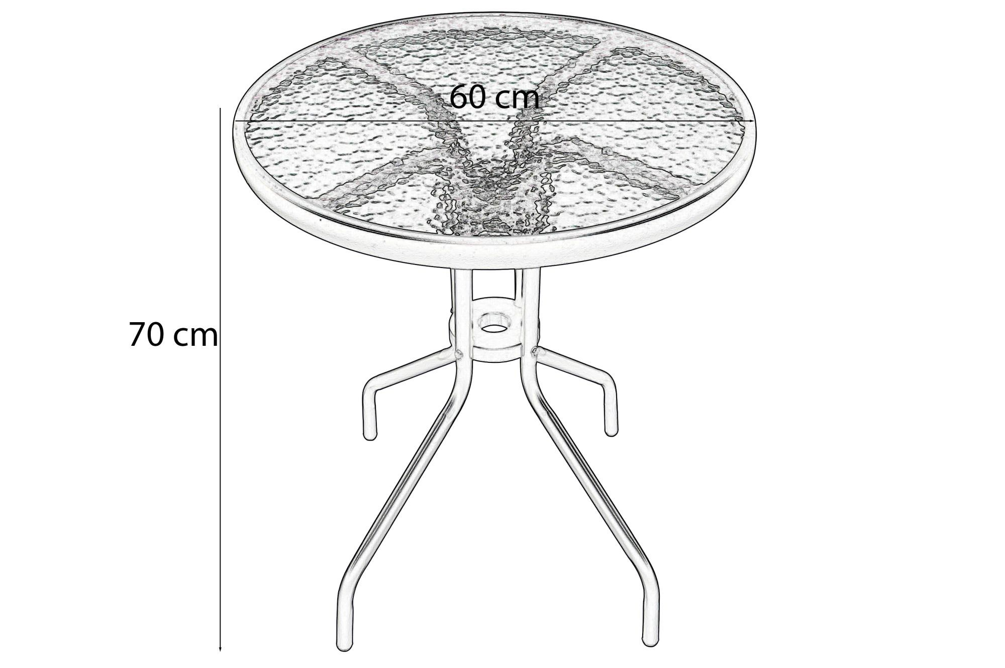 Okrągły szklany stół o średnicy 60 cm i wysokości 70 cm.