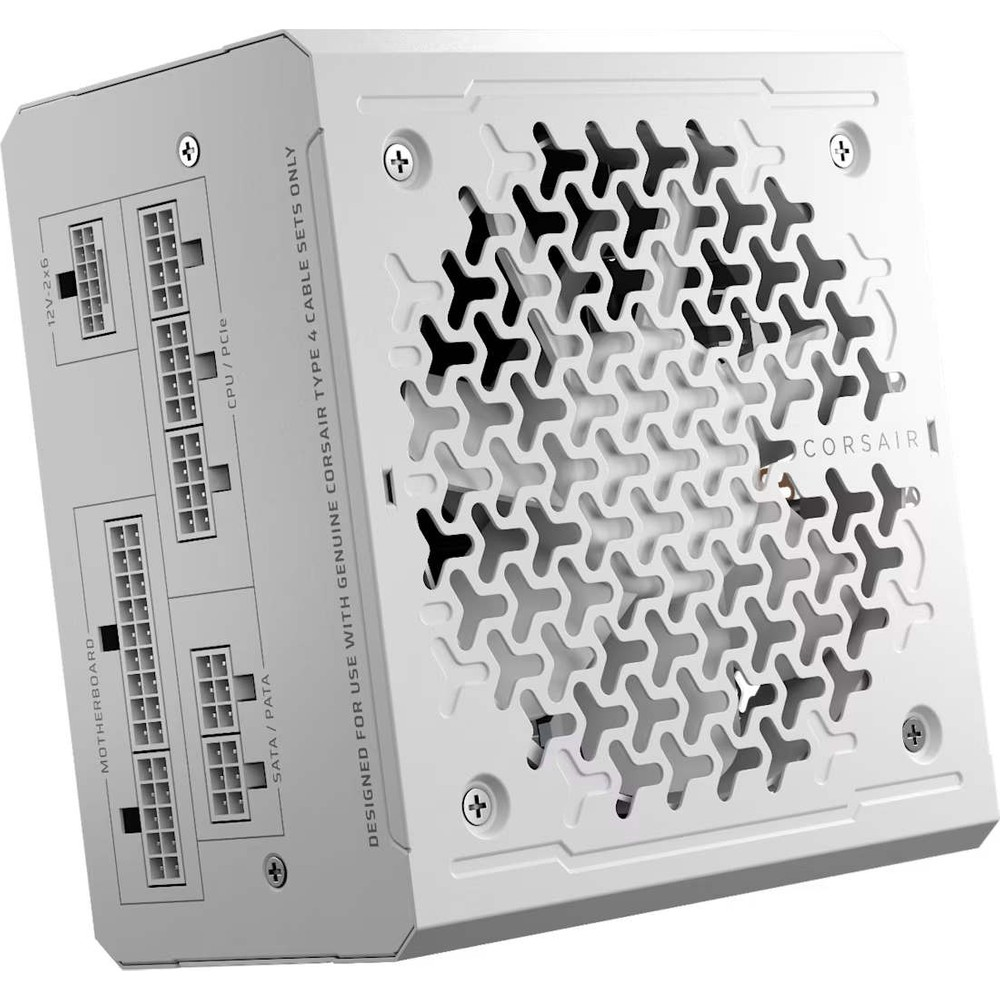 Biały zasilacz Corsair ze złączami do płyty głównej, CPU, SATA i PCIe.