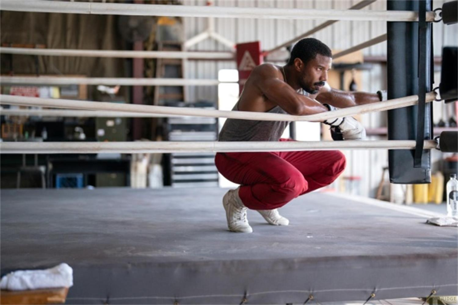 Ein Boxer in roten Hosen hockt in einem Ring, ruht sich aus.