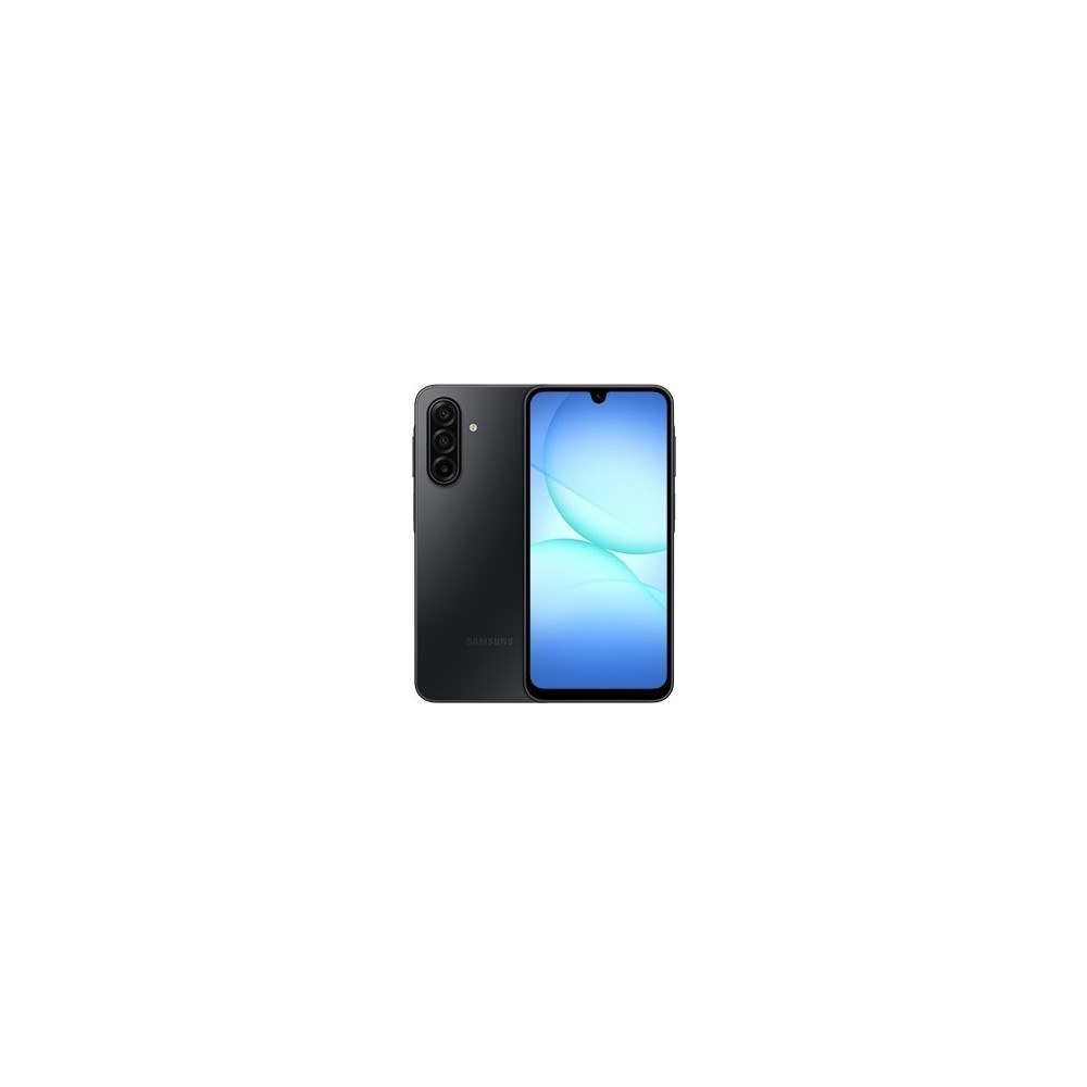 Arkada üç kamerası ve mavi ekran arka planı olan siyah bir Samsung akıllı telefon.