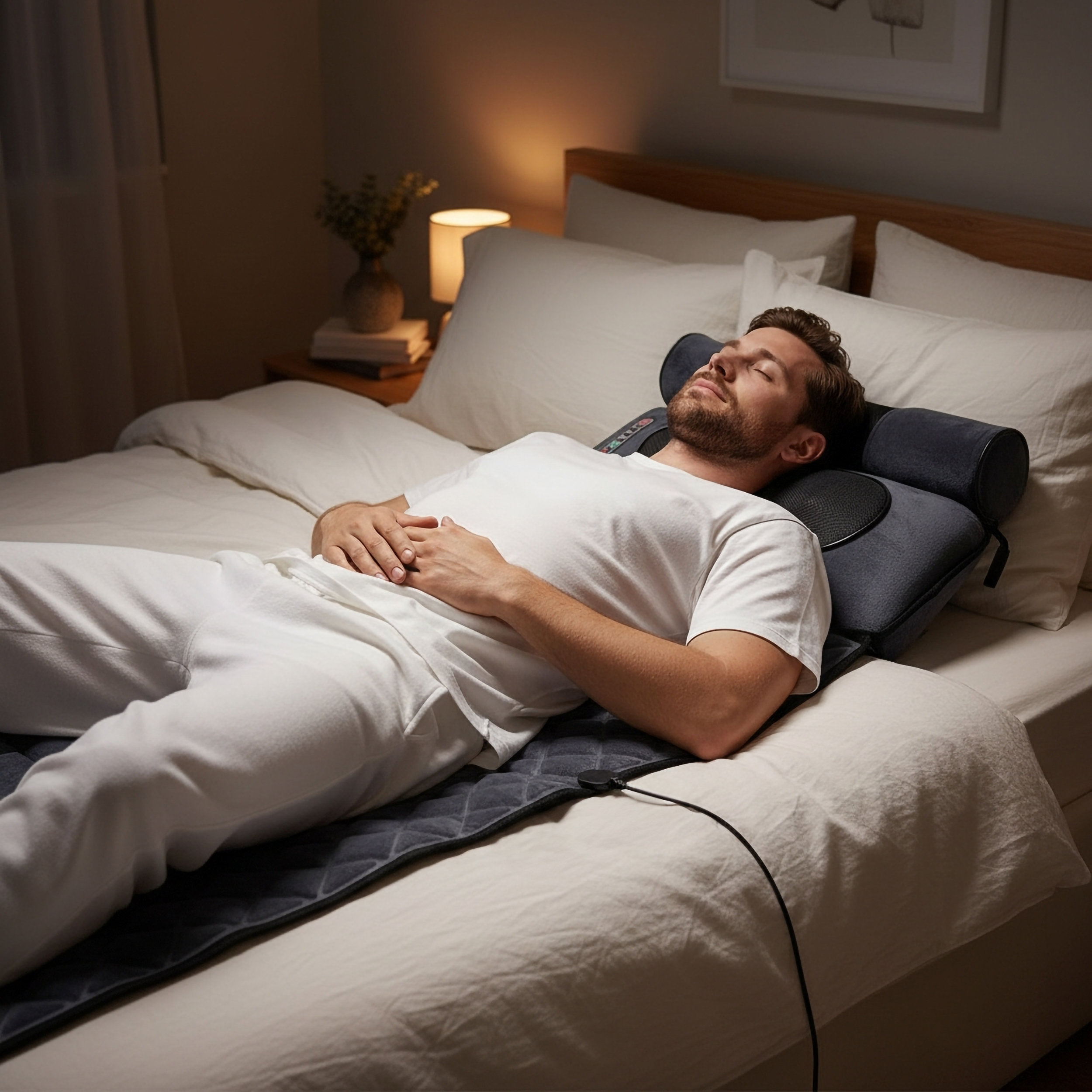 Un hombre yace en una cama usando una alfombrilla de masaje.
