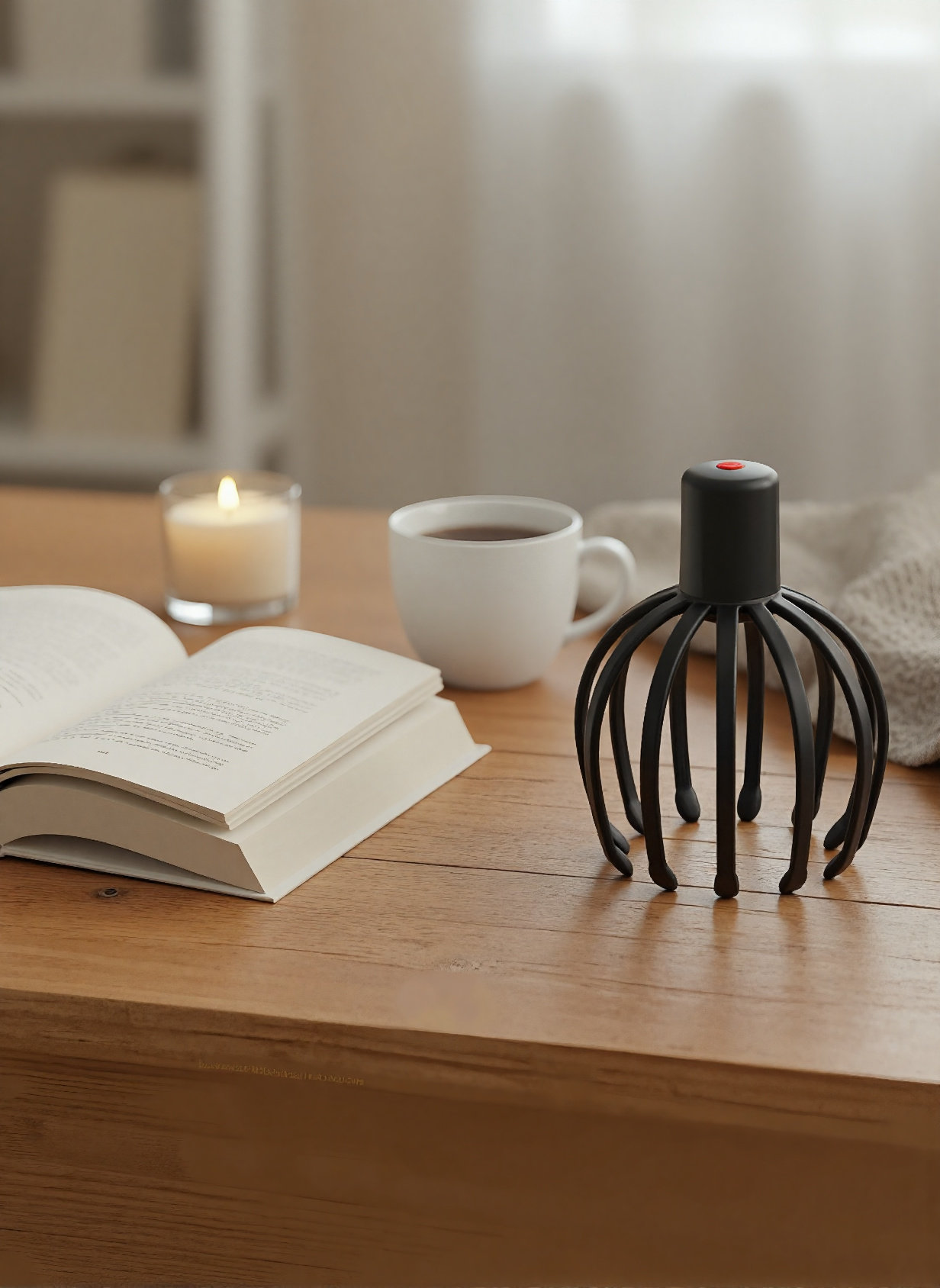 Un masajeador de cabeza negro con forma de pulpo está sobre una mesa de madera junto a un libro y una vela.