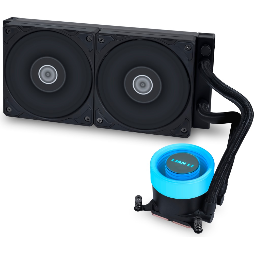 Een zwarte CPU-koeler met twee ventilatoren en een blauw verlichte pomp.