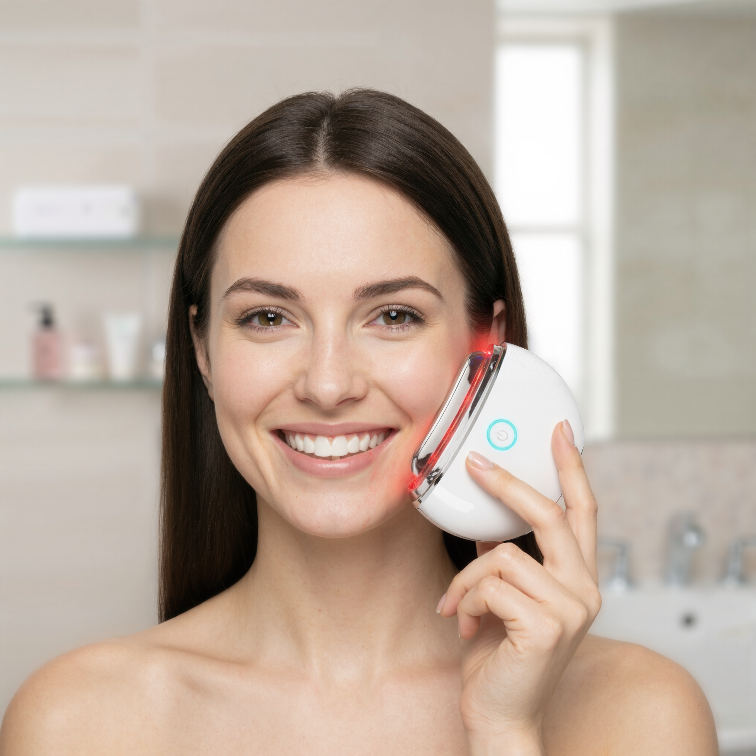 Una mujer usa un dispositivo de cuidado de la piel blanco con luz roja en un baño.