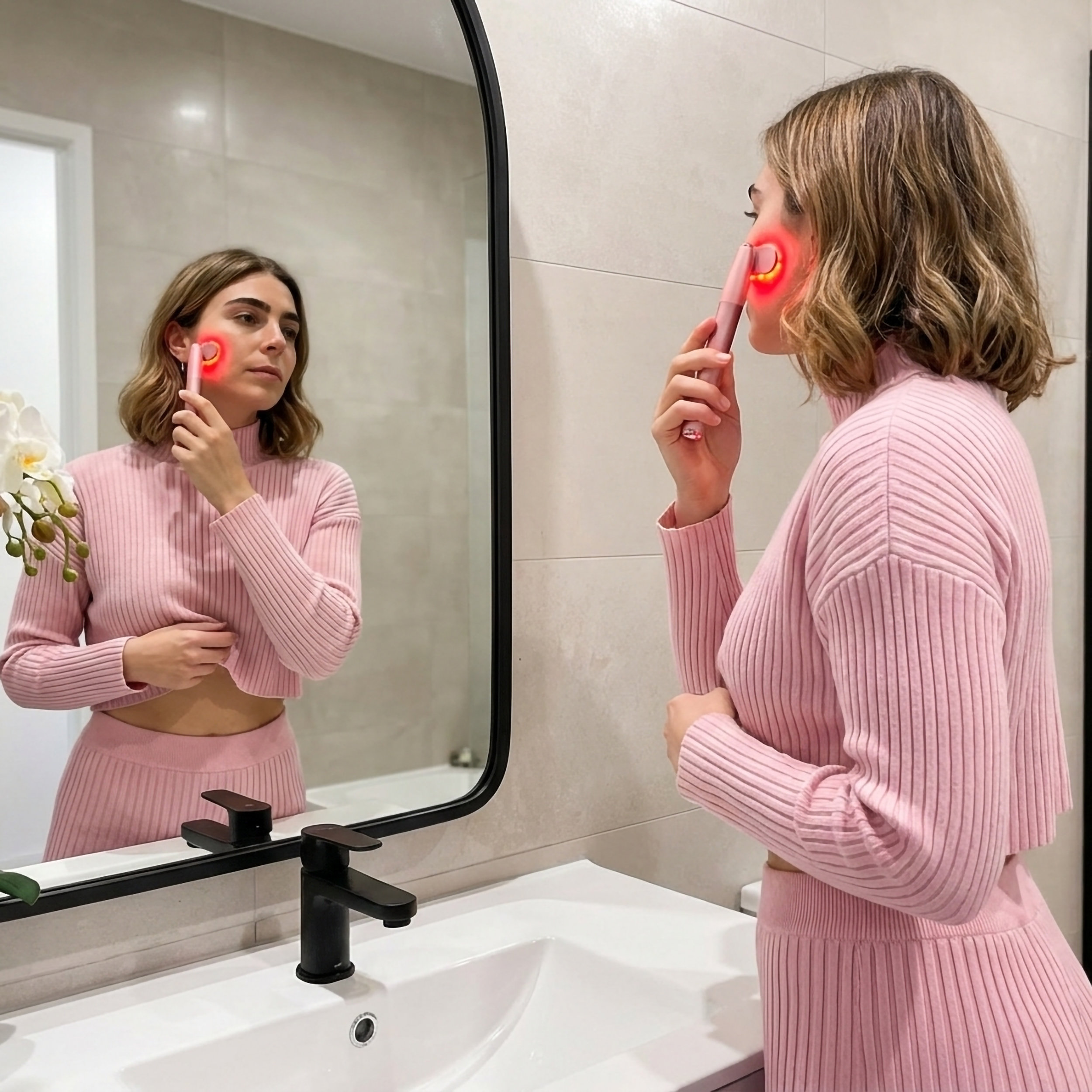 Una mujer con un conjunto rosa usa un dispositivo de cuidado de la piel con luz roja.