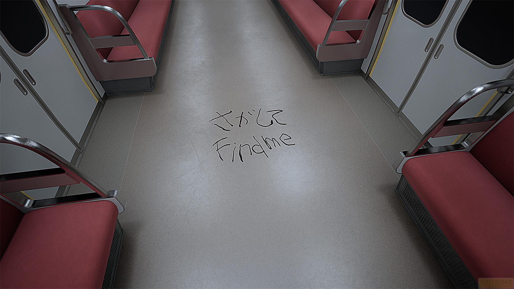 Sièges rouges dans un train avec "Findme" écrit au sol.