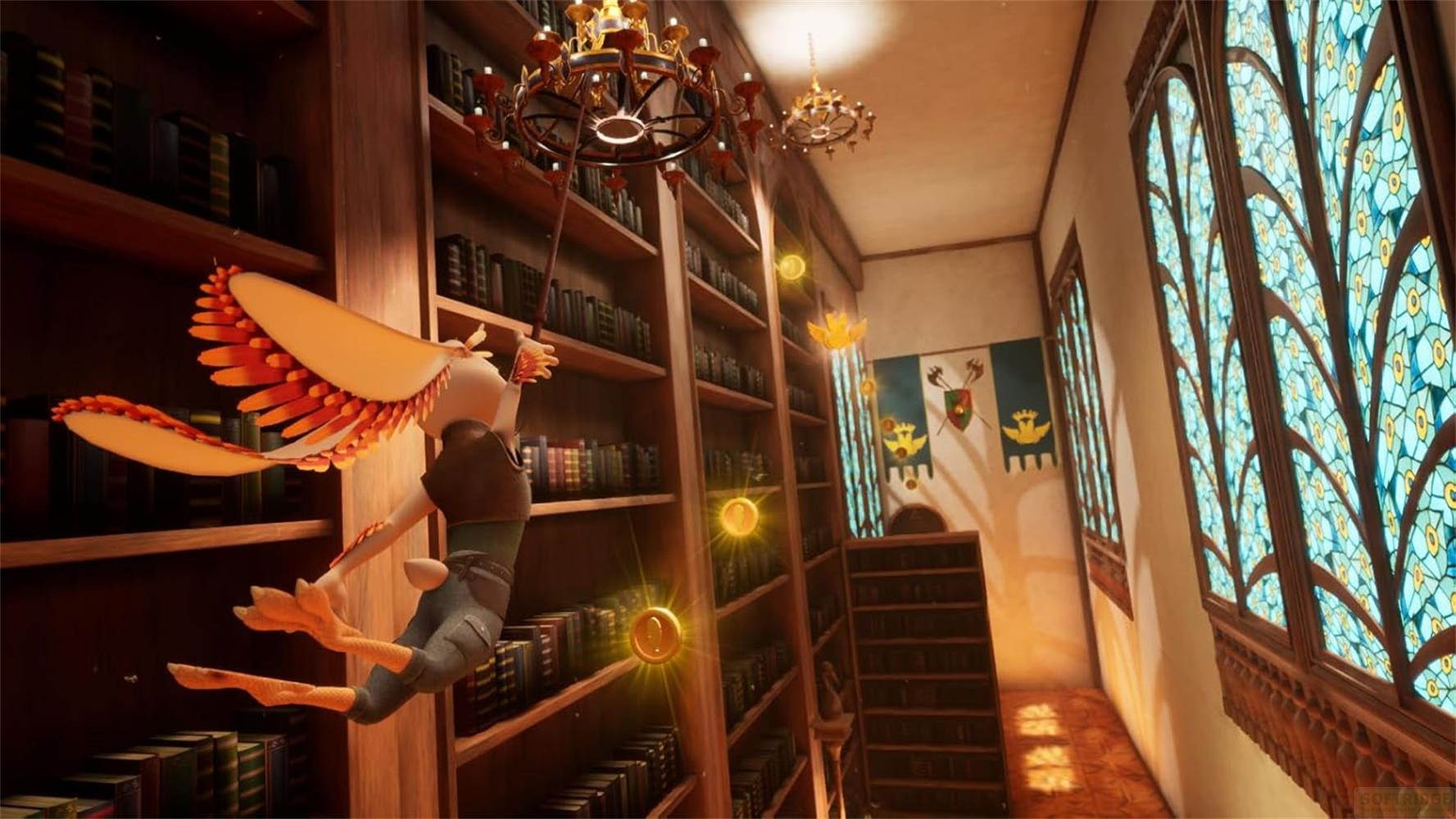 Ein Vogelmensch mit orangefarbenen Flügeln fliegt durch eine Bibliothek mit Regalen voller Bücher.