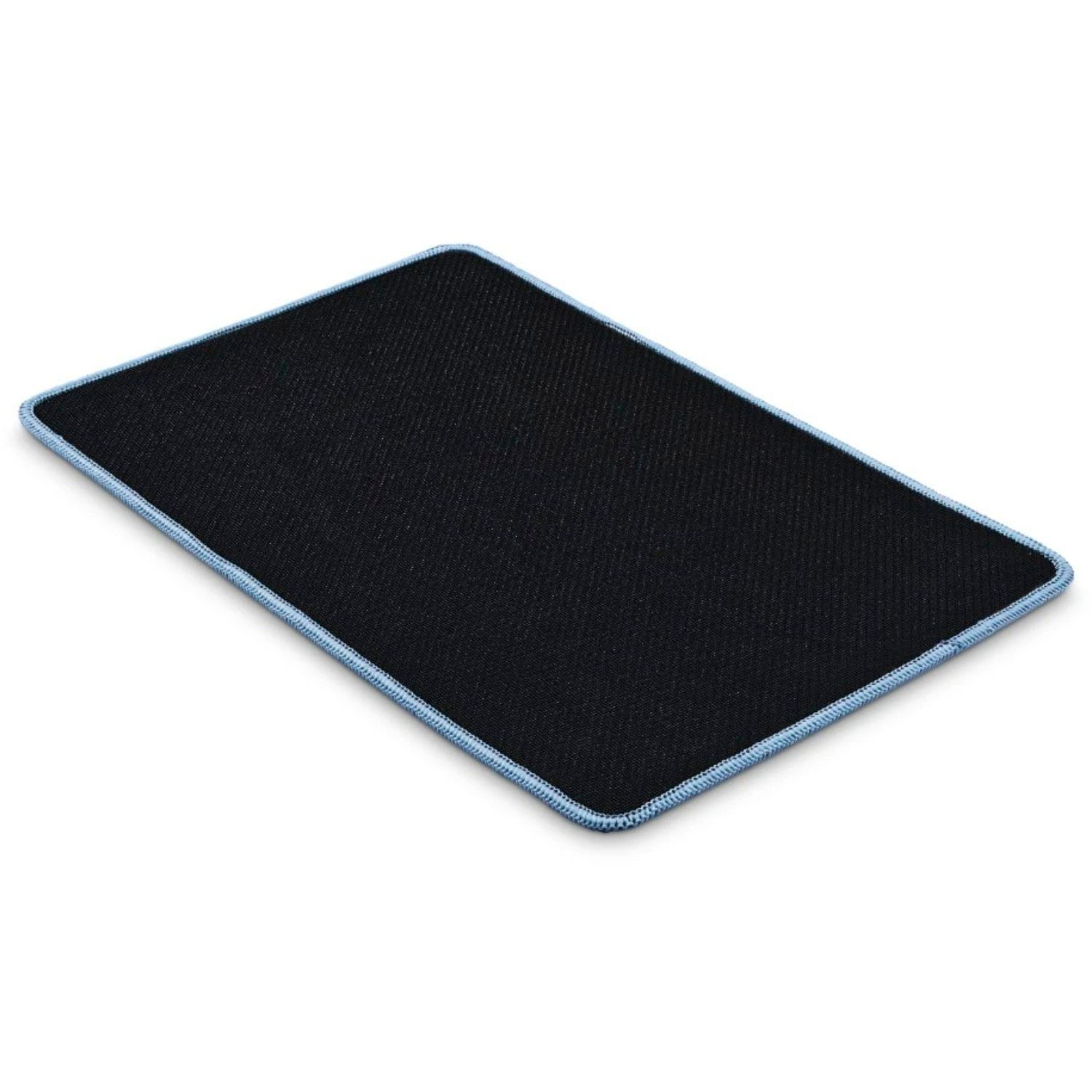 Schwarzes Mauspads mit hellblauem Rand auf weißem Hintergrund.