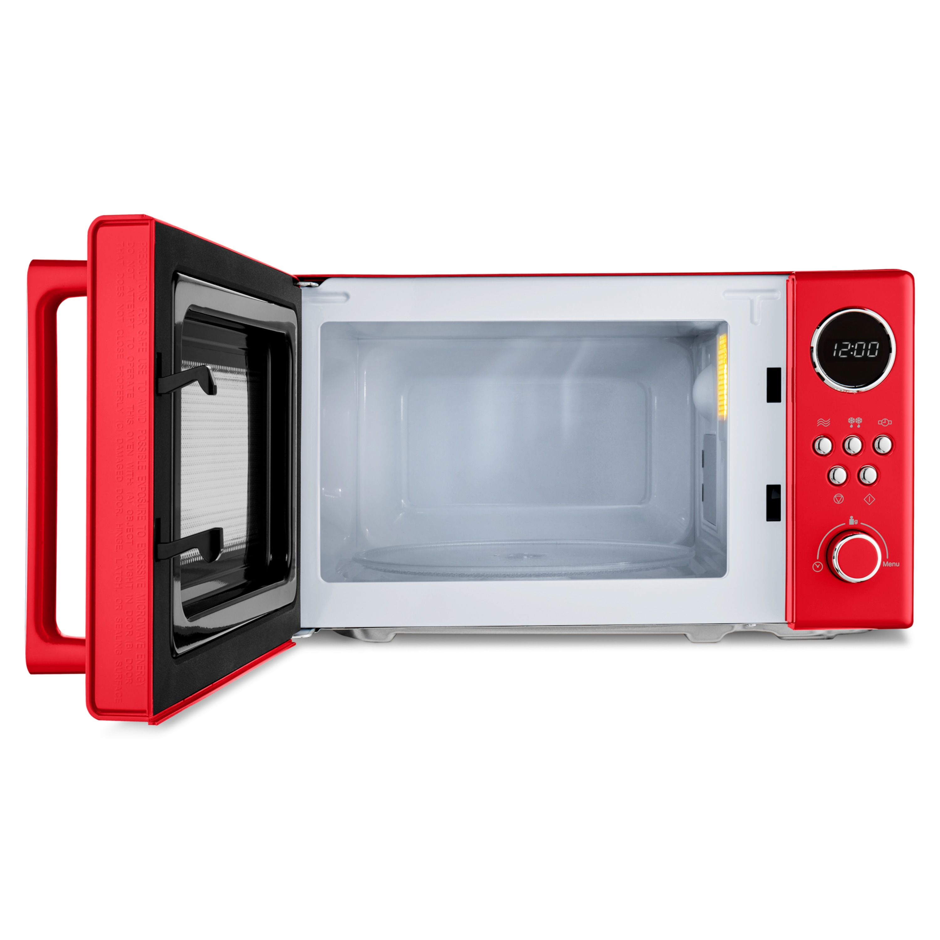 Microondas rojo con puerta abierta y pantalla digital que muestra 12:00.