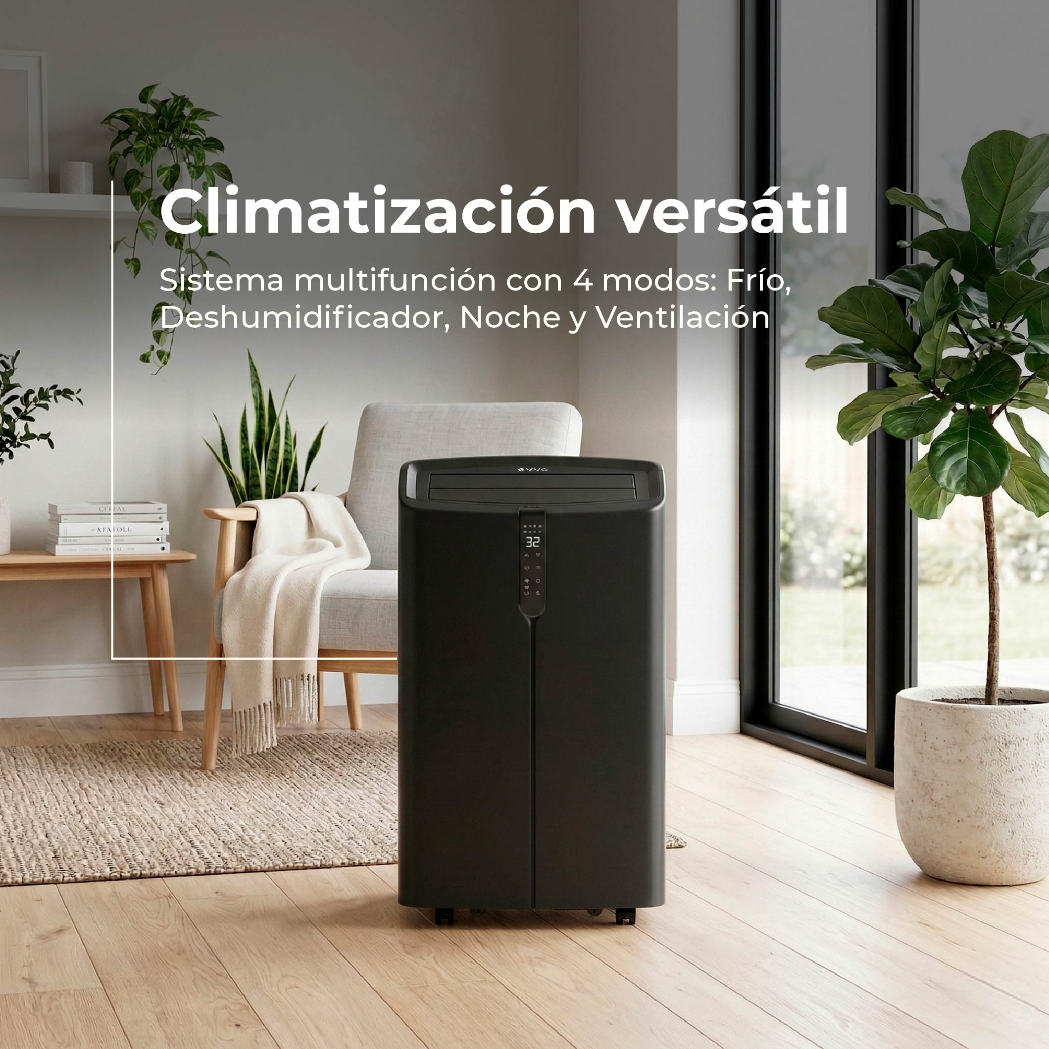 Aire acondicionado negro en sala con silla y plantas.