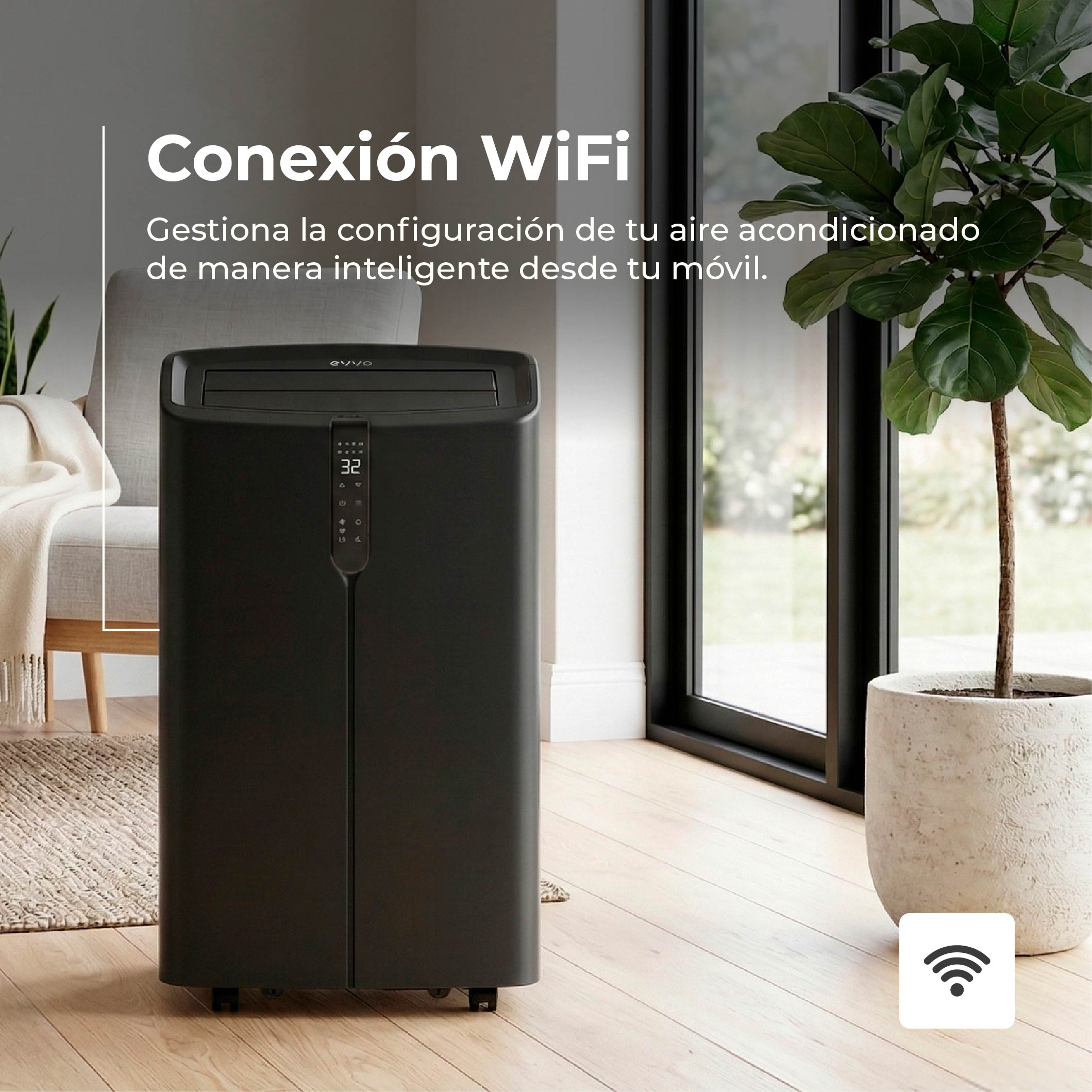 Aire acondicionado negro con símbolo WiFi frente a ventana con planta.