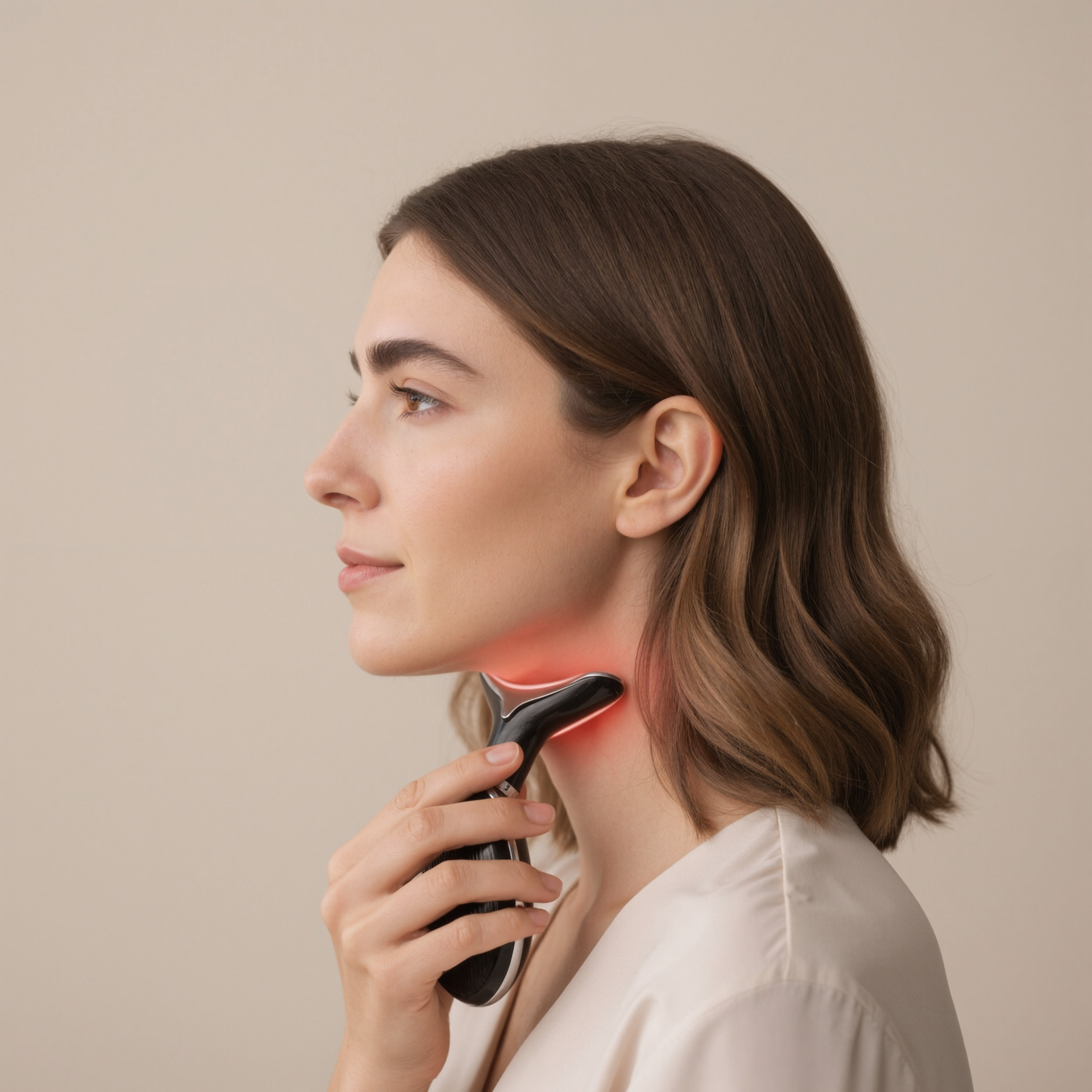 Mujer usando un dispositivo de cuidado de la piel negro con luz roja en el cuello.