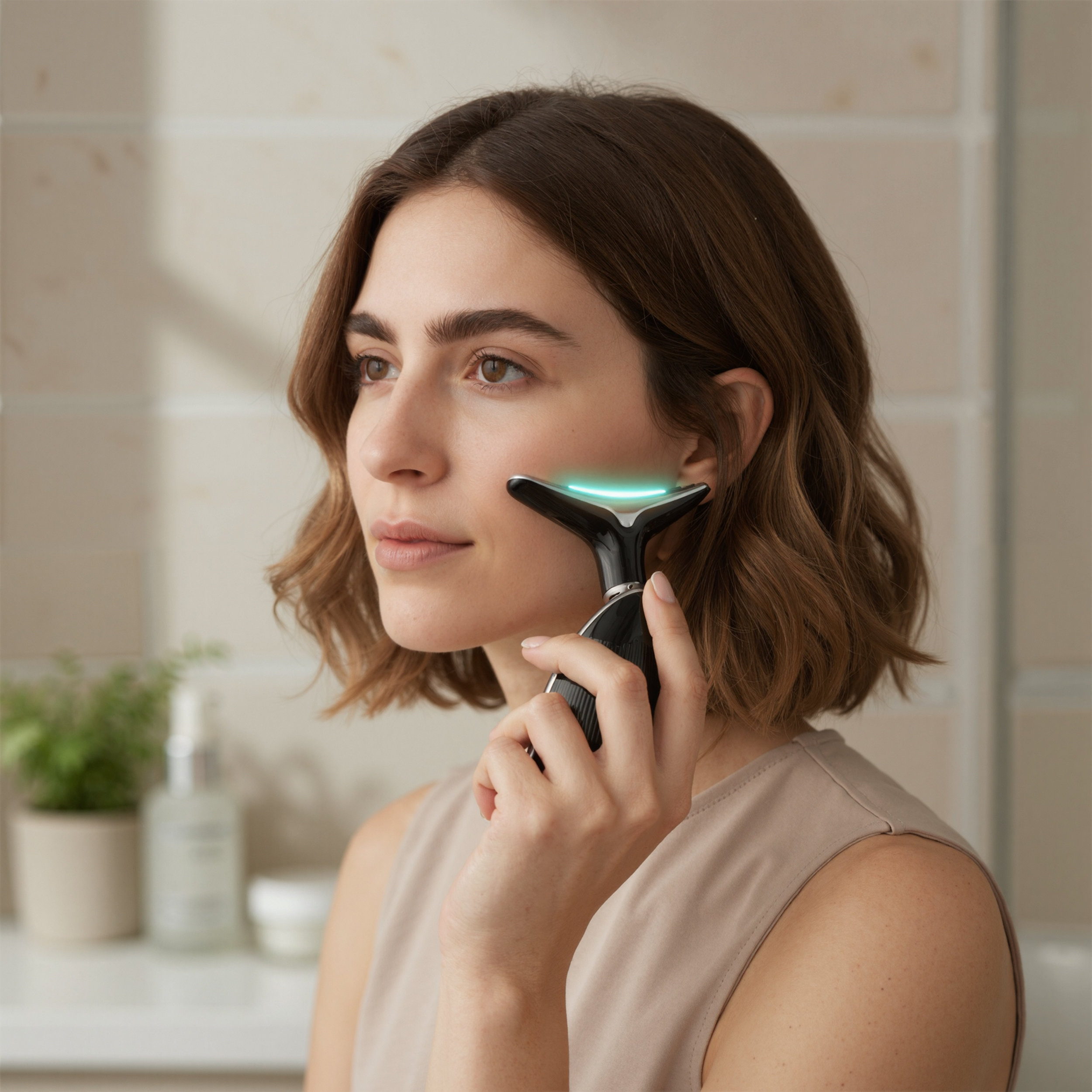 Mujer usando un dispositivo de belleza facial que brilla en azul.