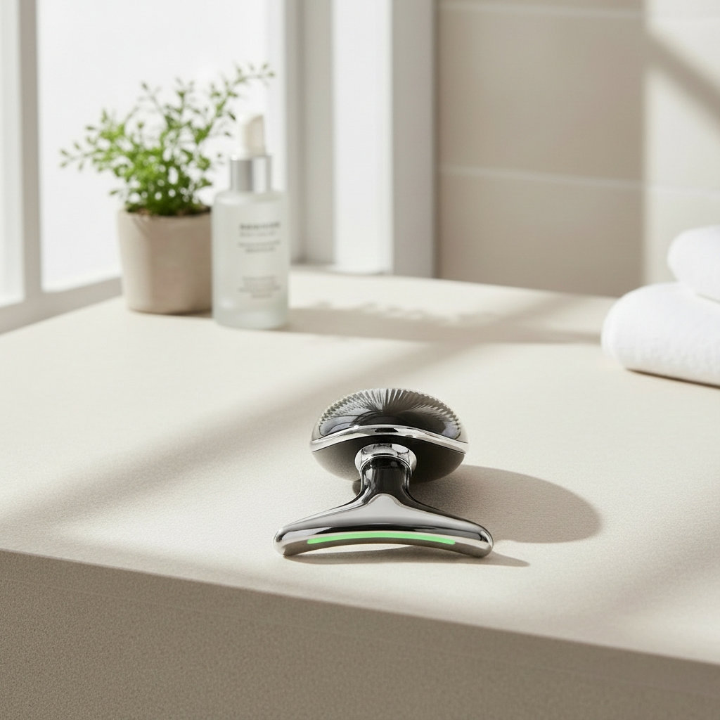 Un dispositivo de cuidado de la piel negro con LED verde descansa sobre una superficie beige claro.