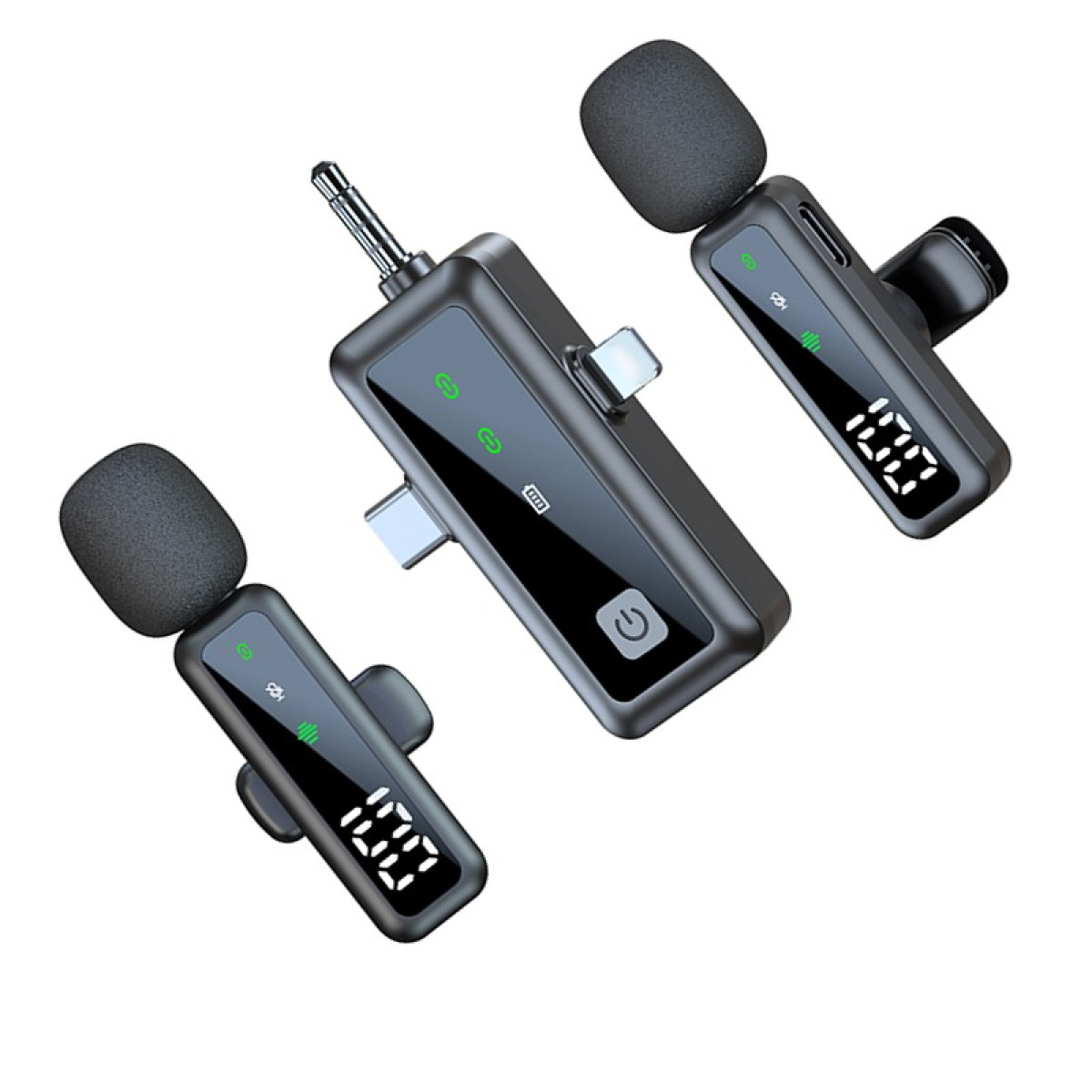 Trzy czarne mikrofony bezprzewodowe z cyfrowymi wyświetlaczami i złączami USB-C.