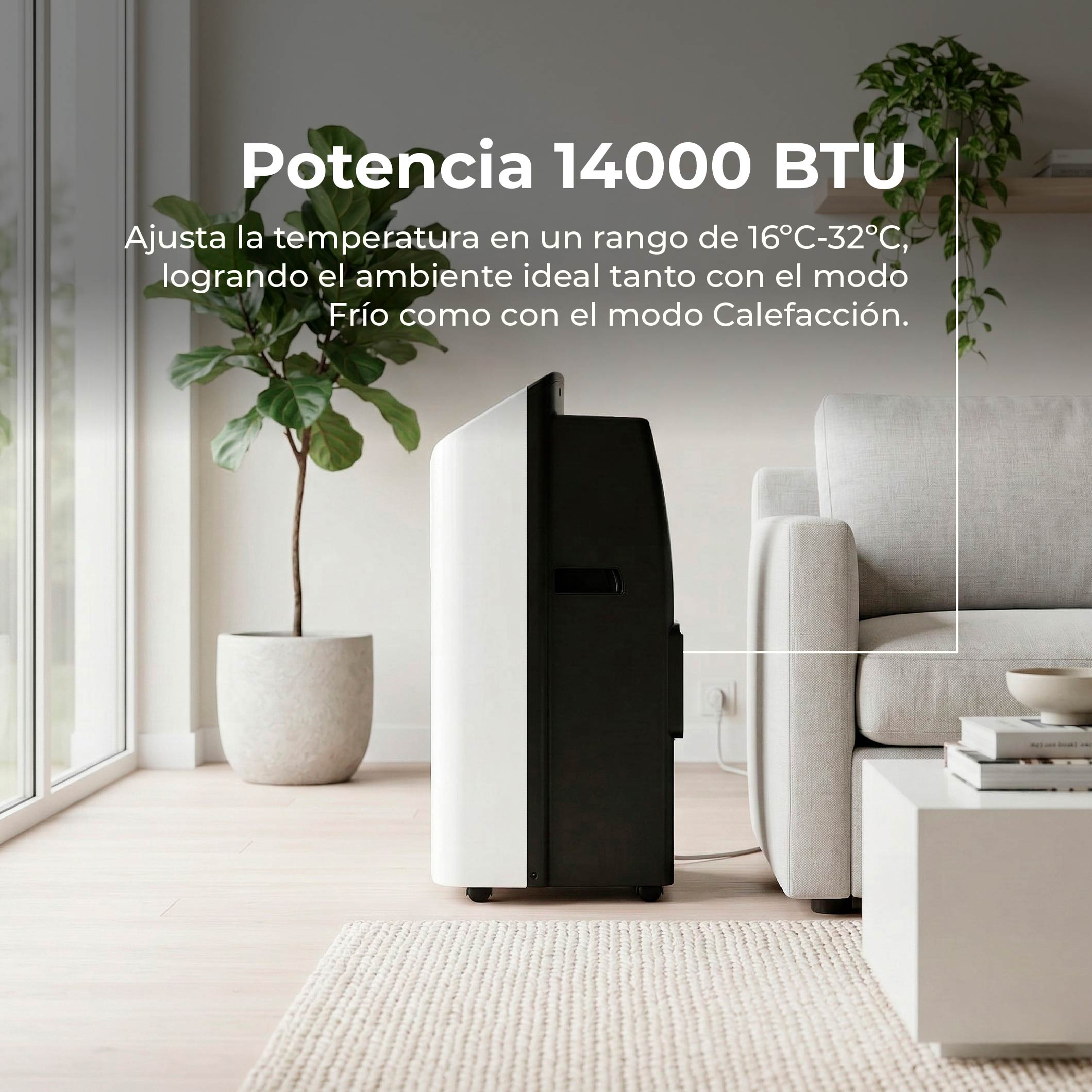 Una unidad de aire acondicionado blanco y negro junto a un sofá y plantas.