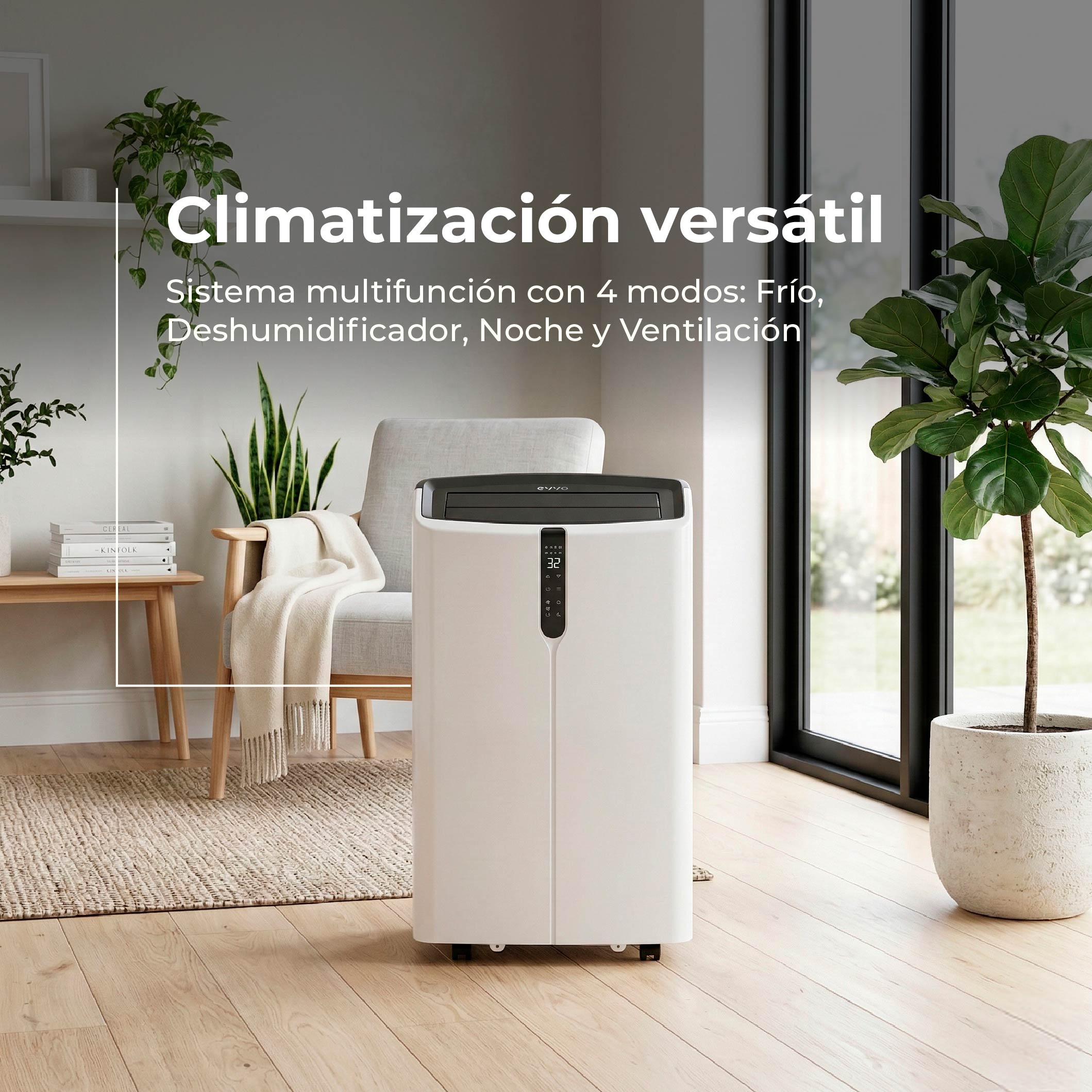 Un aire acondicionado portátil blanco se encuentra en una sala de estar moderna junto a un sillón.