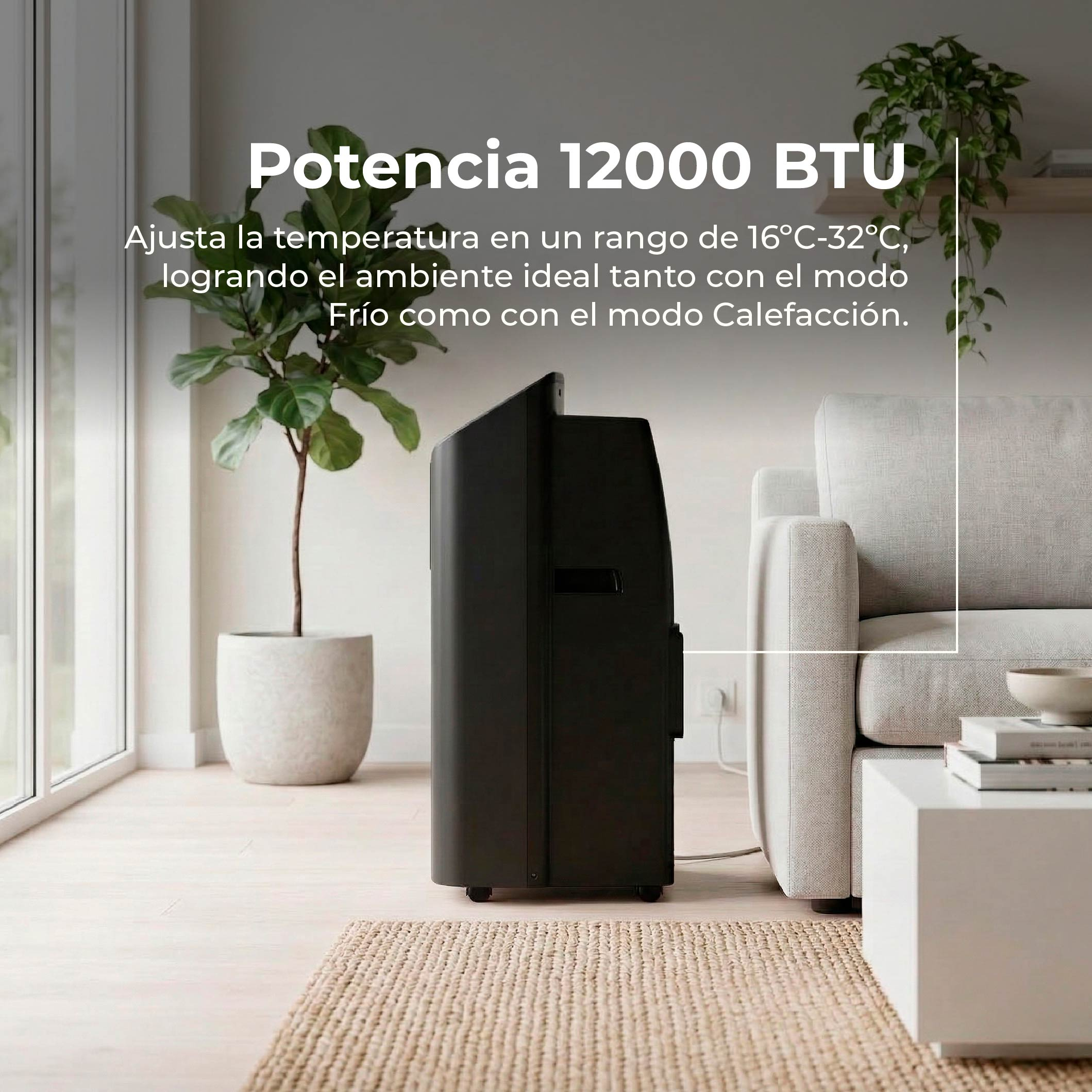 Aire acondicionado portátil negro junto a sofá y plantas.
