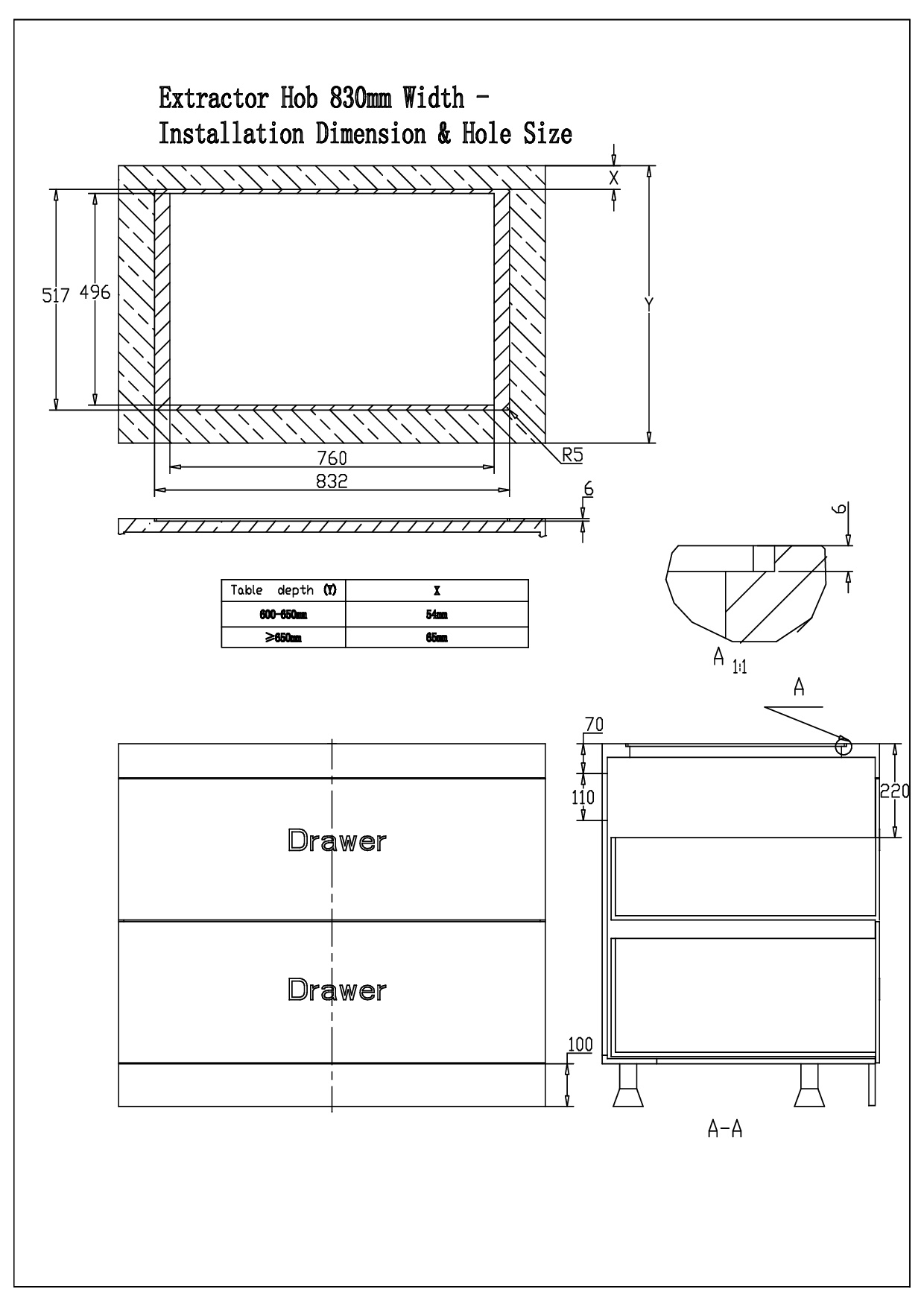 Disegno tecnico delle dimensioni di installazione di una cappa da 830 mm con cassetti.