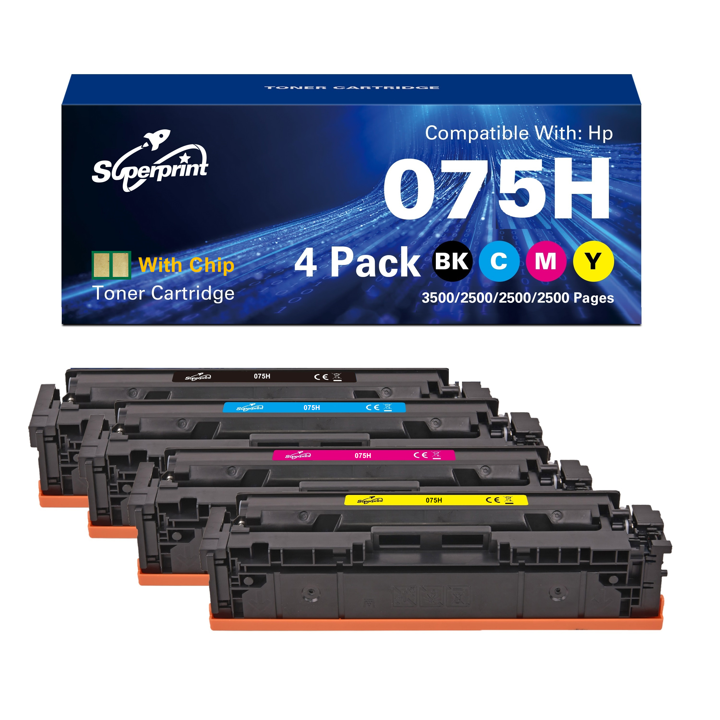 Un pack de 4 cartouches de toner Superprint HP 075H, avec puce, BK, C, M, Y.