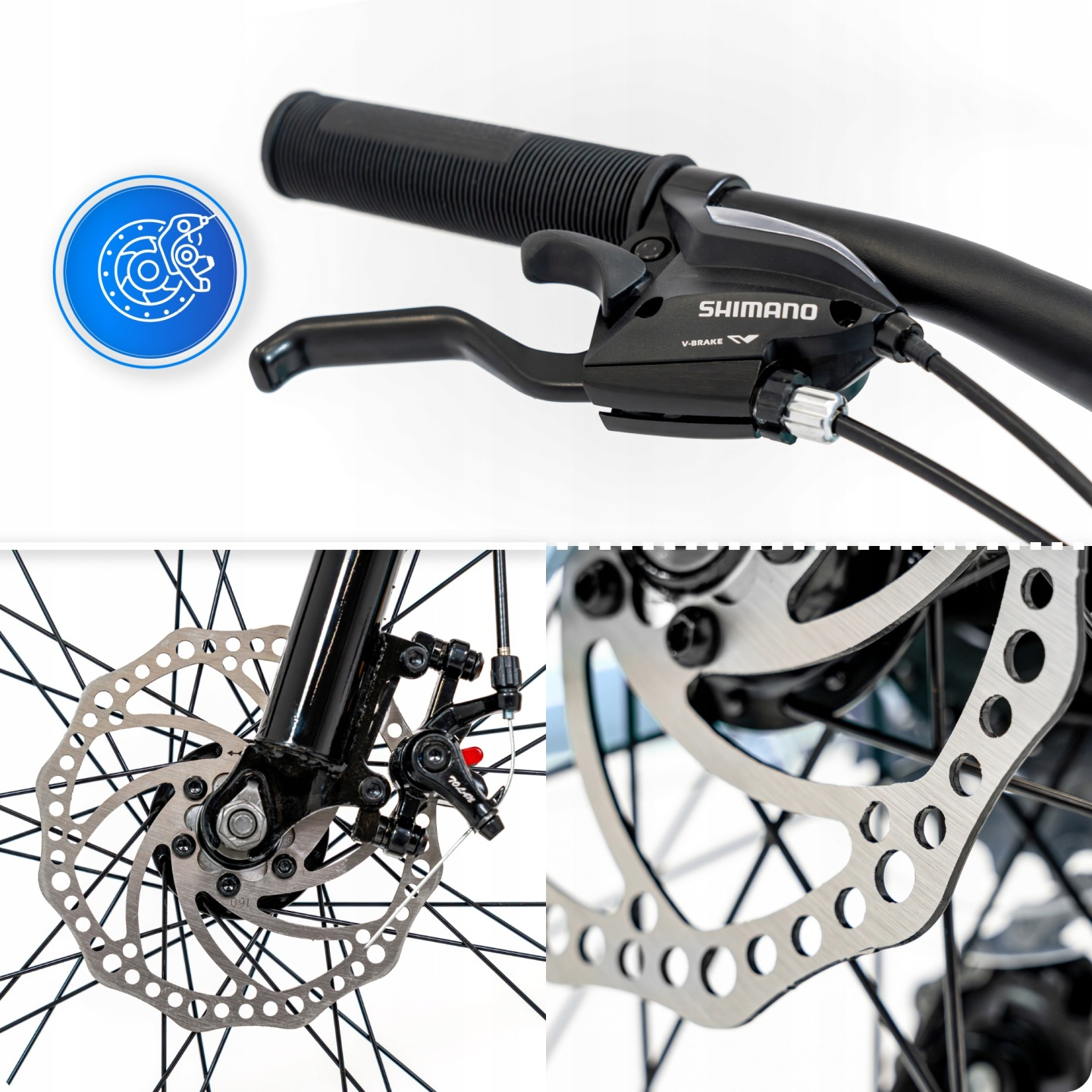 Kierownica rowerowa z dźwignią Shimano V-Brake i hamulcami tarczowymi.